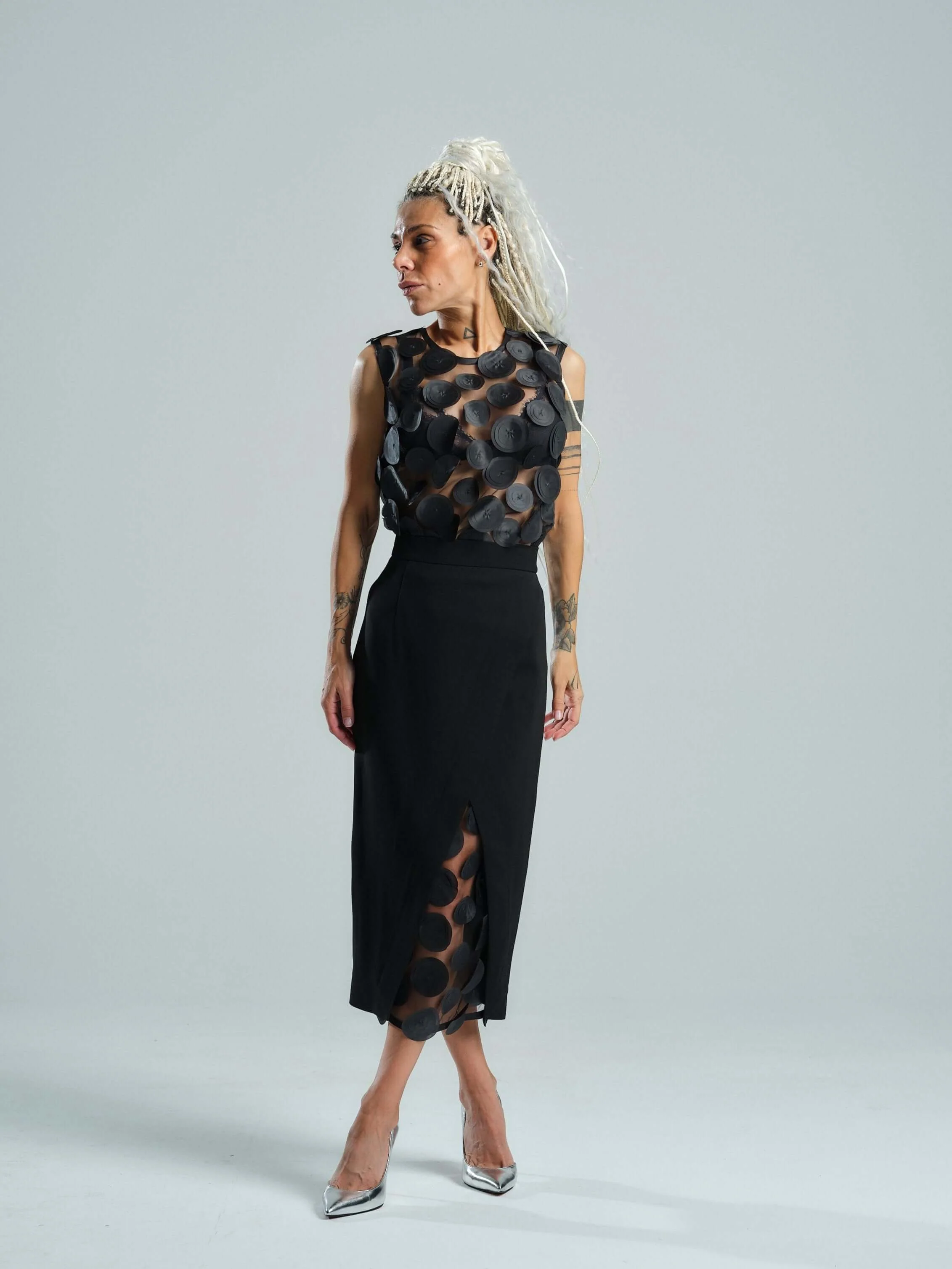 Appliqué-Detailed Mesh Top & Pencil Skirt Co-Ord Set - Image 4