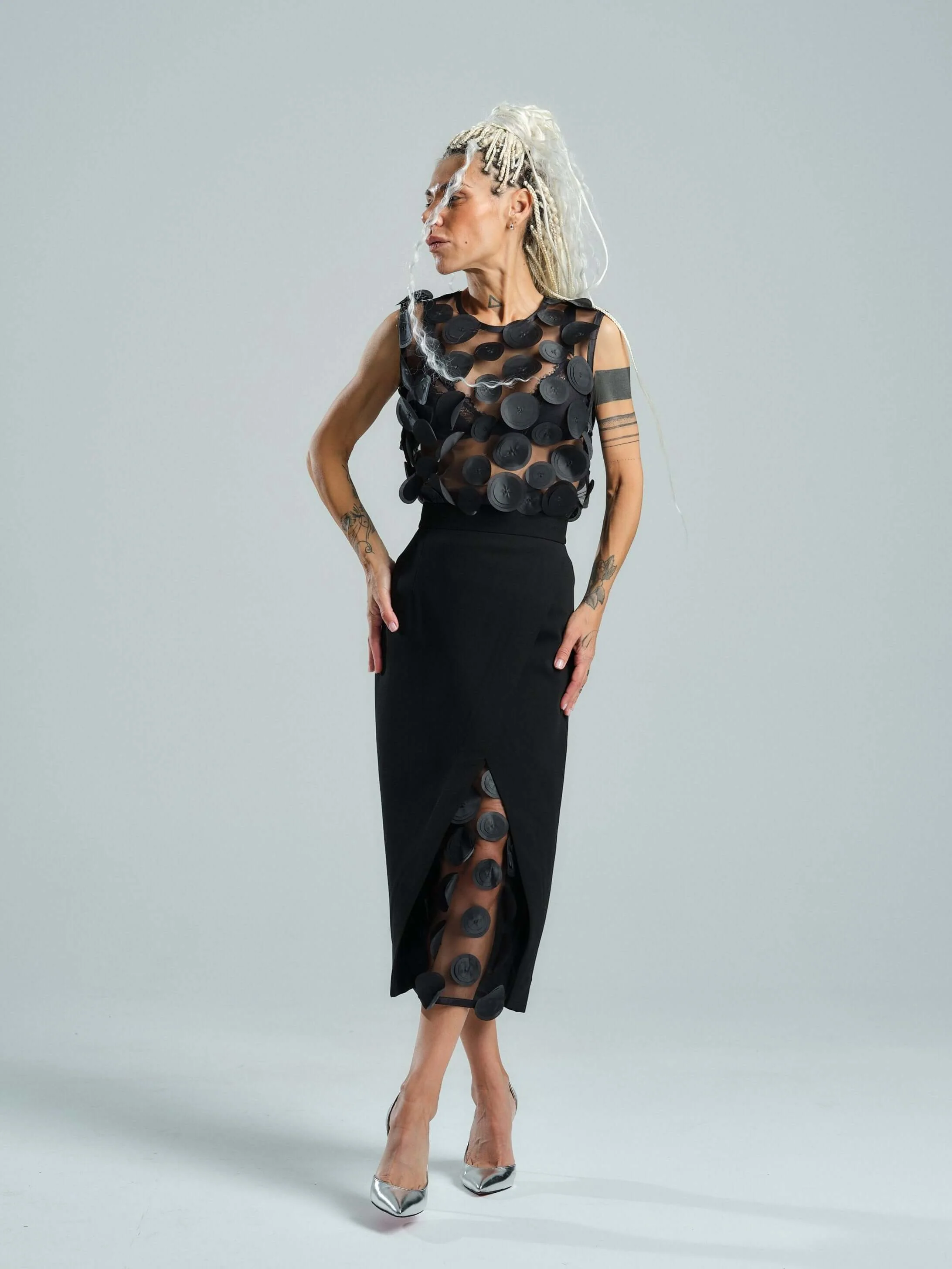 Appliqué-Detailed Mesh Top & Pencil Skirt Co-Ord Set - Image 6