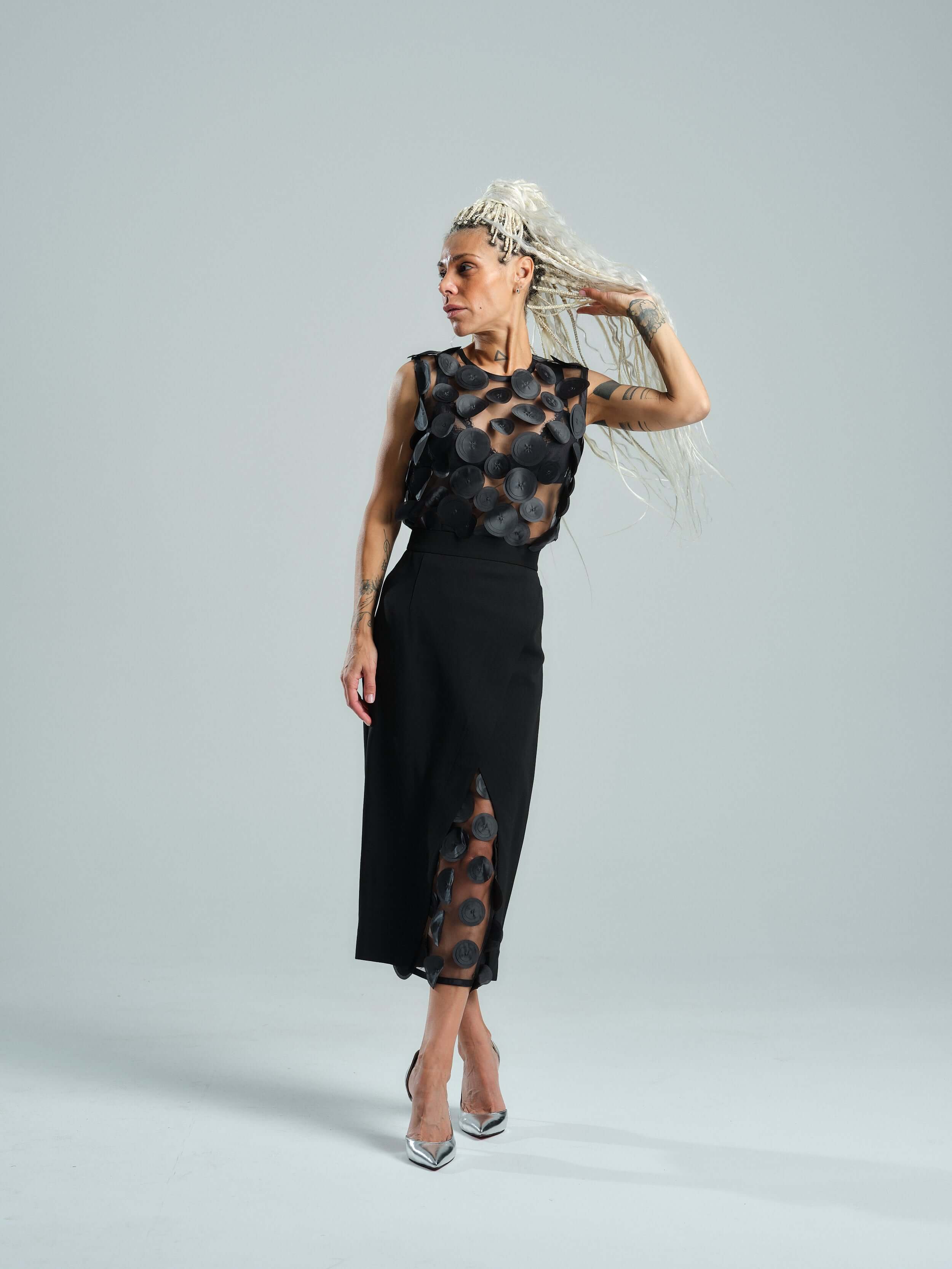 Appliqué-Detailed Mesh Top & Pencil Skirt Co-Ord Set - Image 7