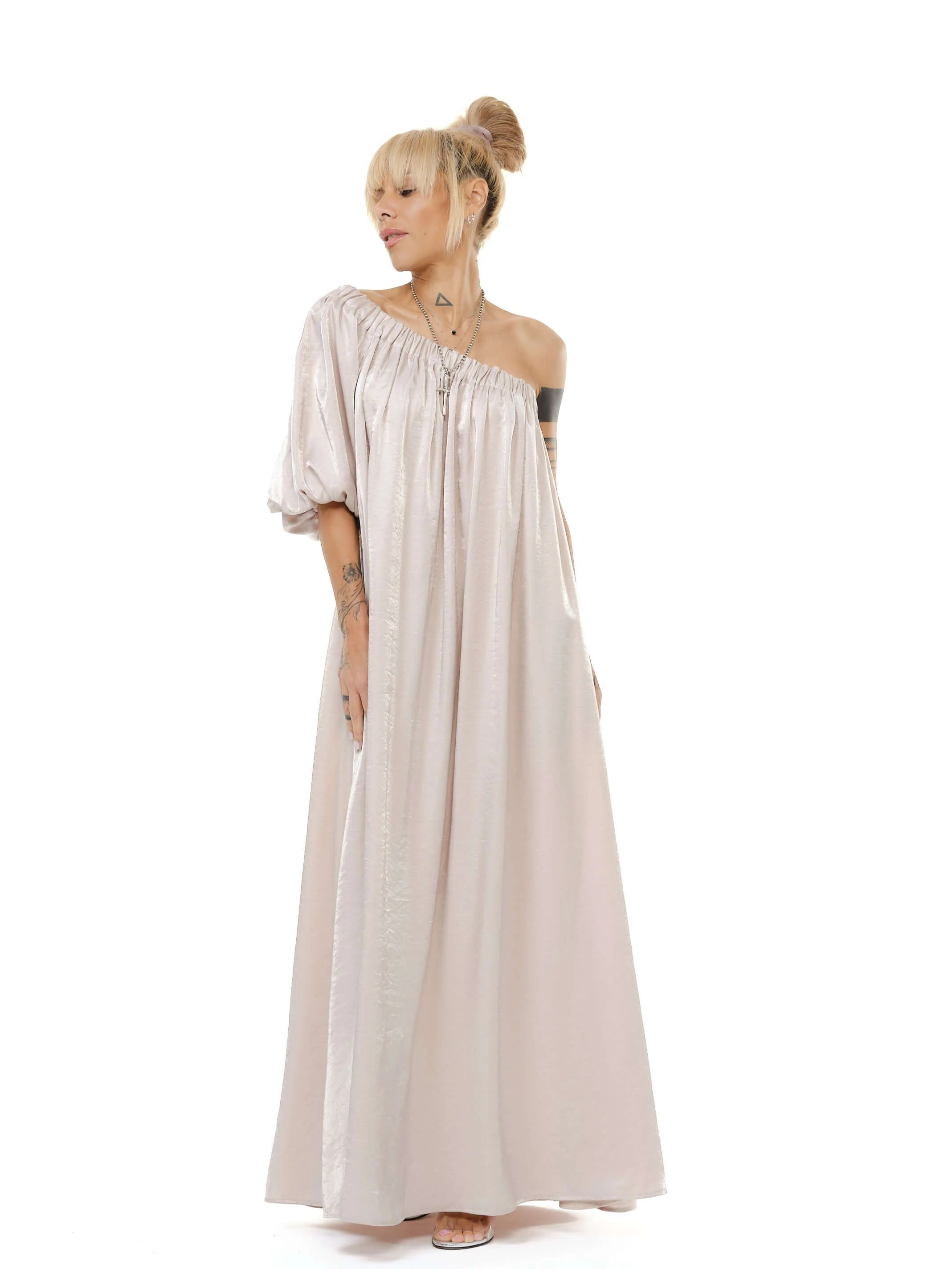 Beige One-Shoulder Asymmetric Maxi Dress - Image 3