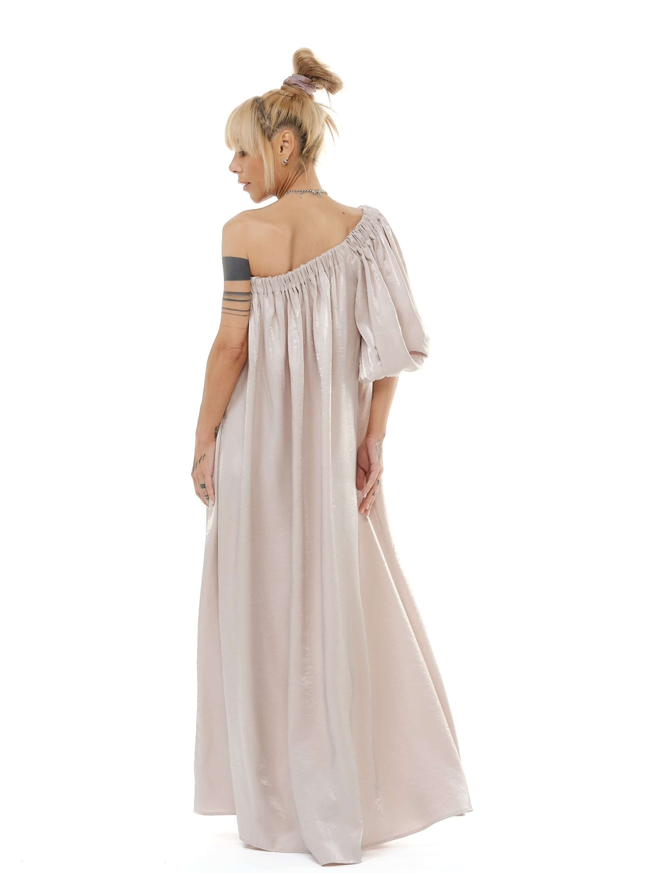 Beige One-Shoulder Asymmetric Maxi Dress - Image 4