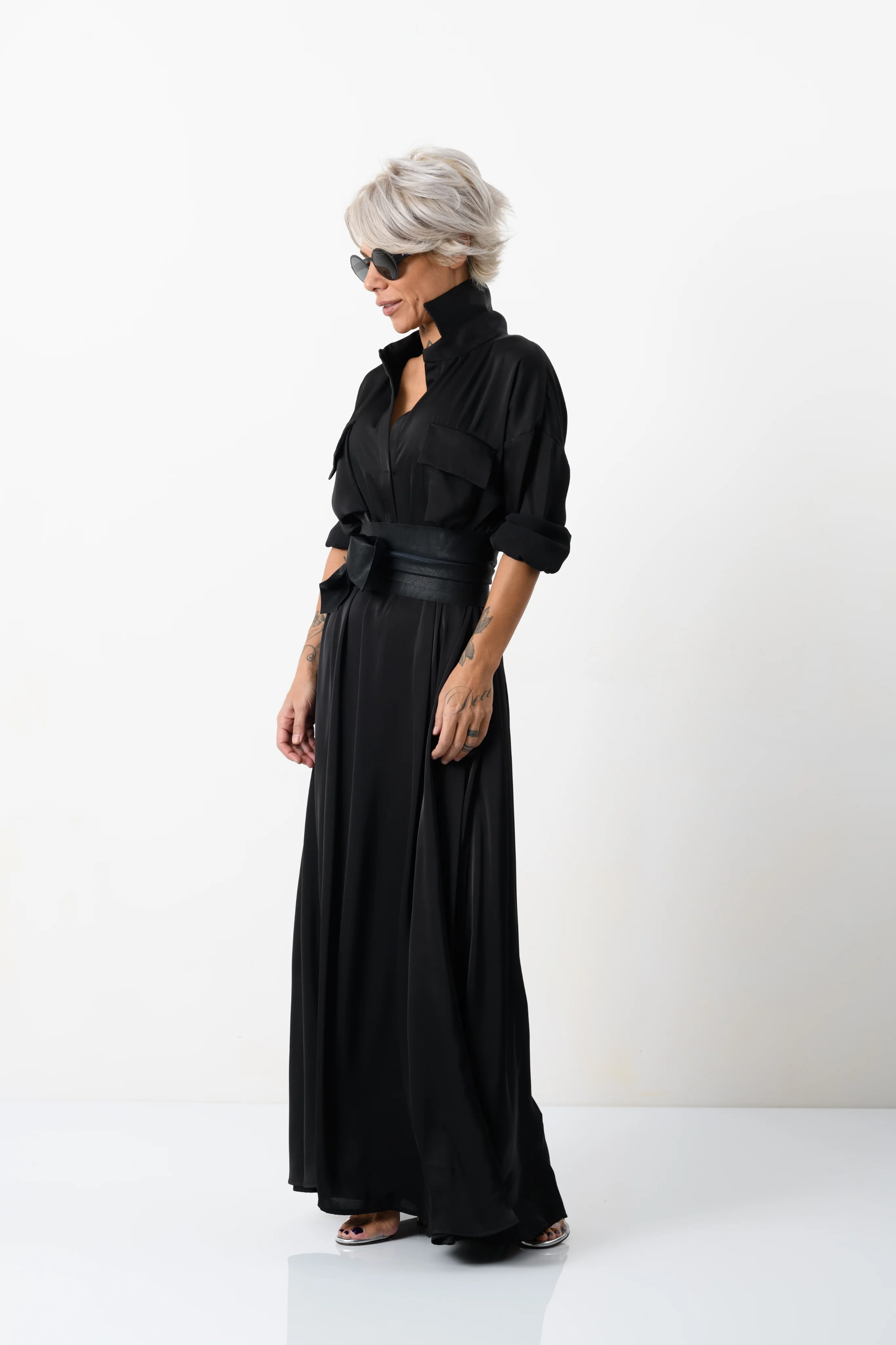 Elegant Maxi Black Shirt Dress with Vegan Leather Belt - Image 10