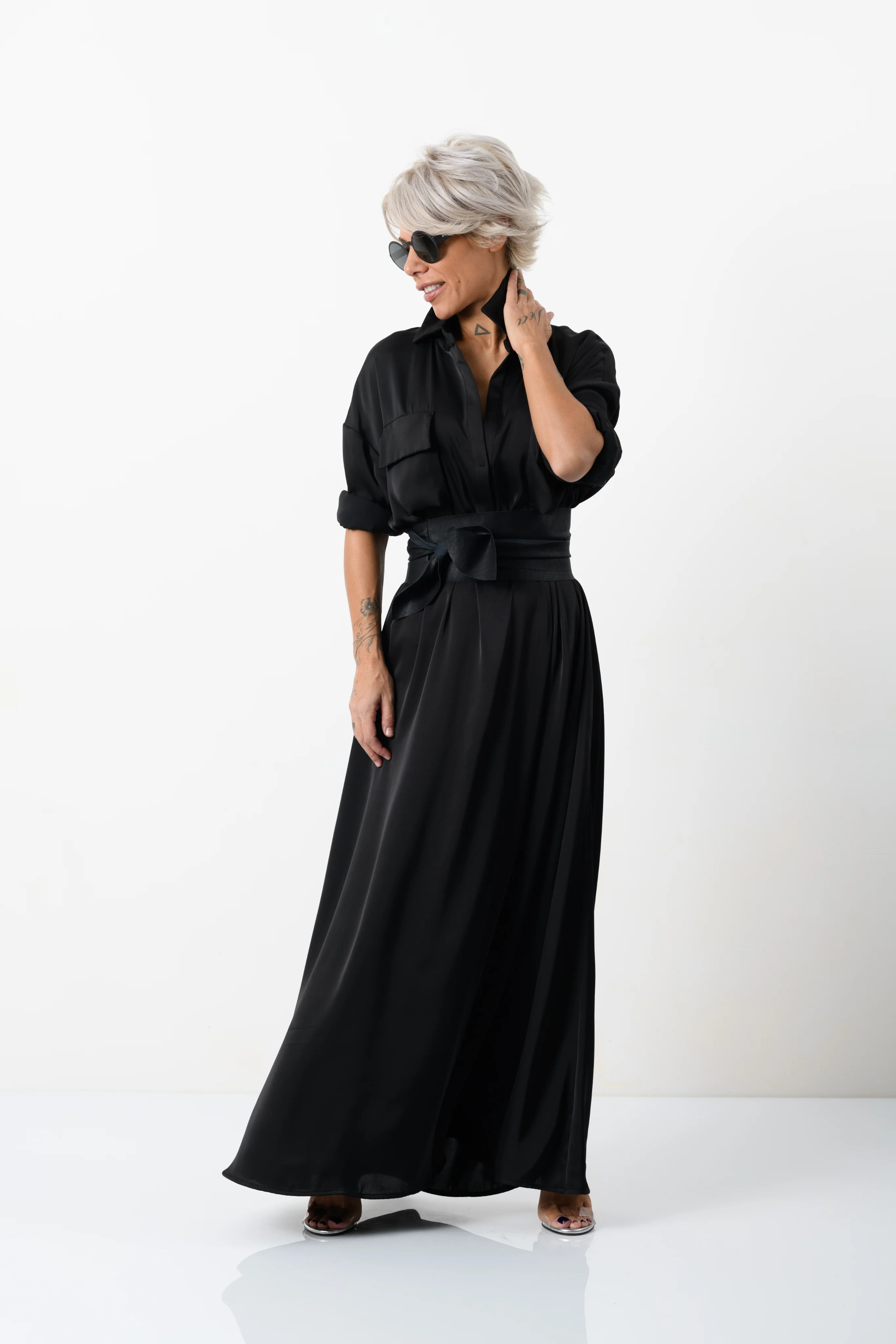 Elegant Maxi Black Shirt Dress with Vegan Leather Belt - Image 11