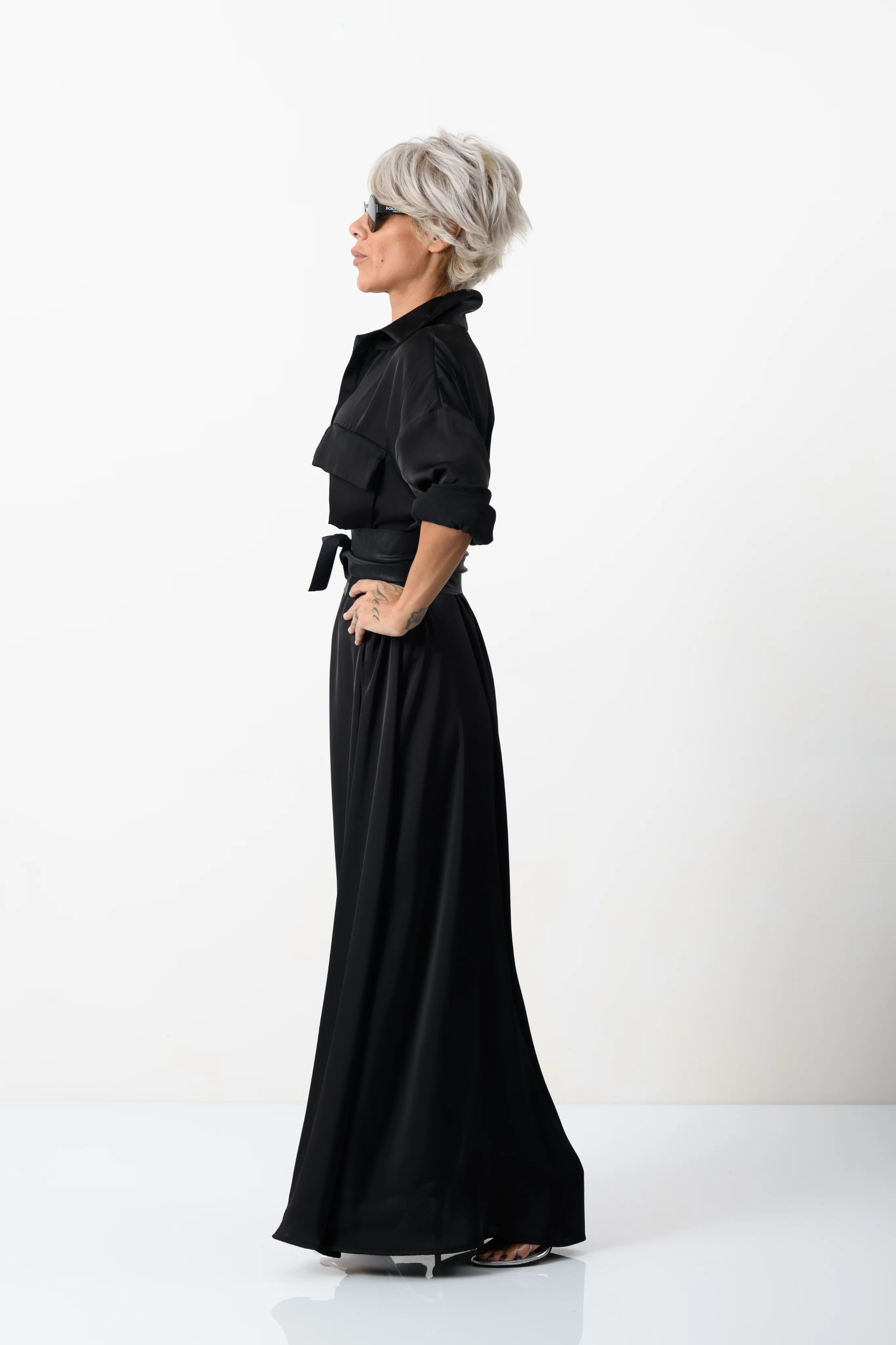 Elegant Maxi Black Shirt Dress with Vegan Leather Belt - Image 14