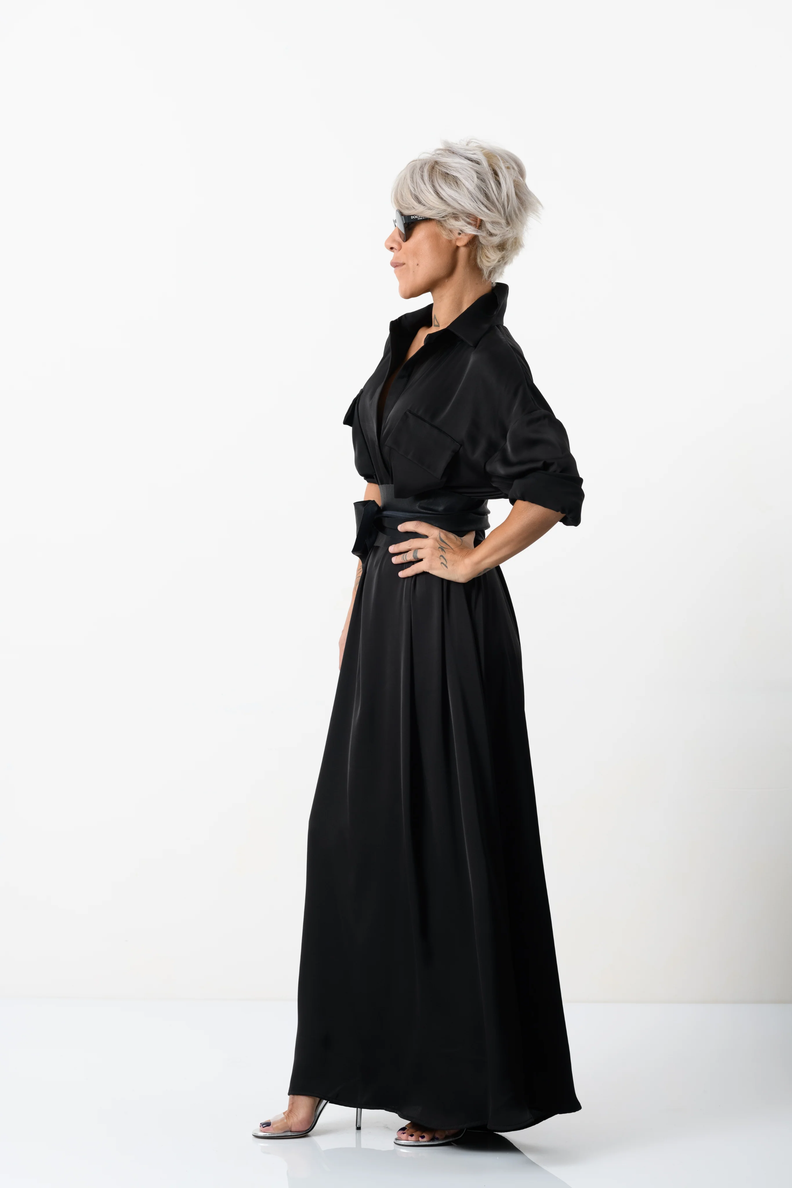 Elegant Maxi Black Shirt Dress with Vegan Leather Belt - Image 15
