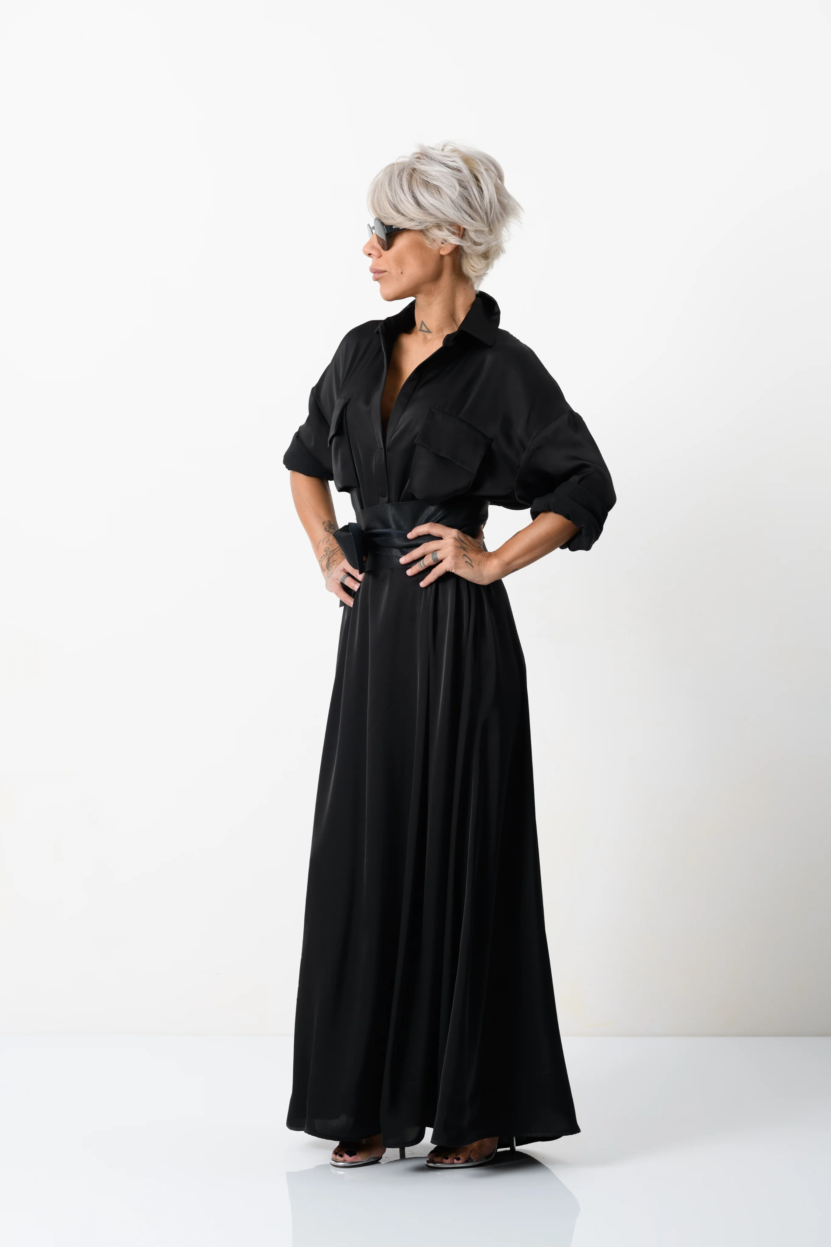 Elegant Maxi Black Shirt Dress with Vegan Leather Belt - Image 3