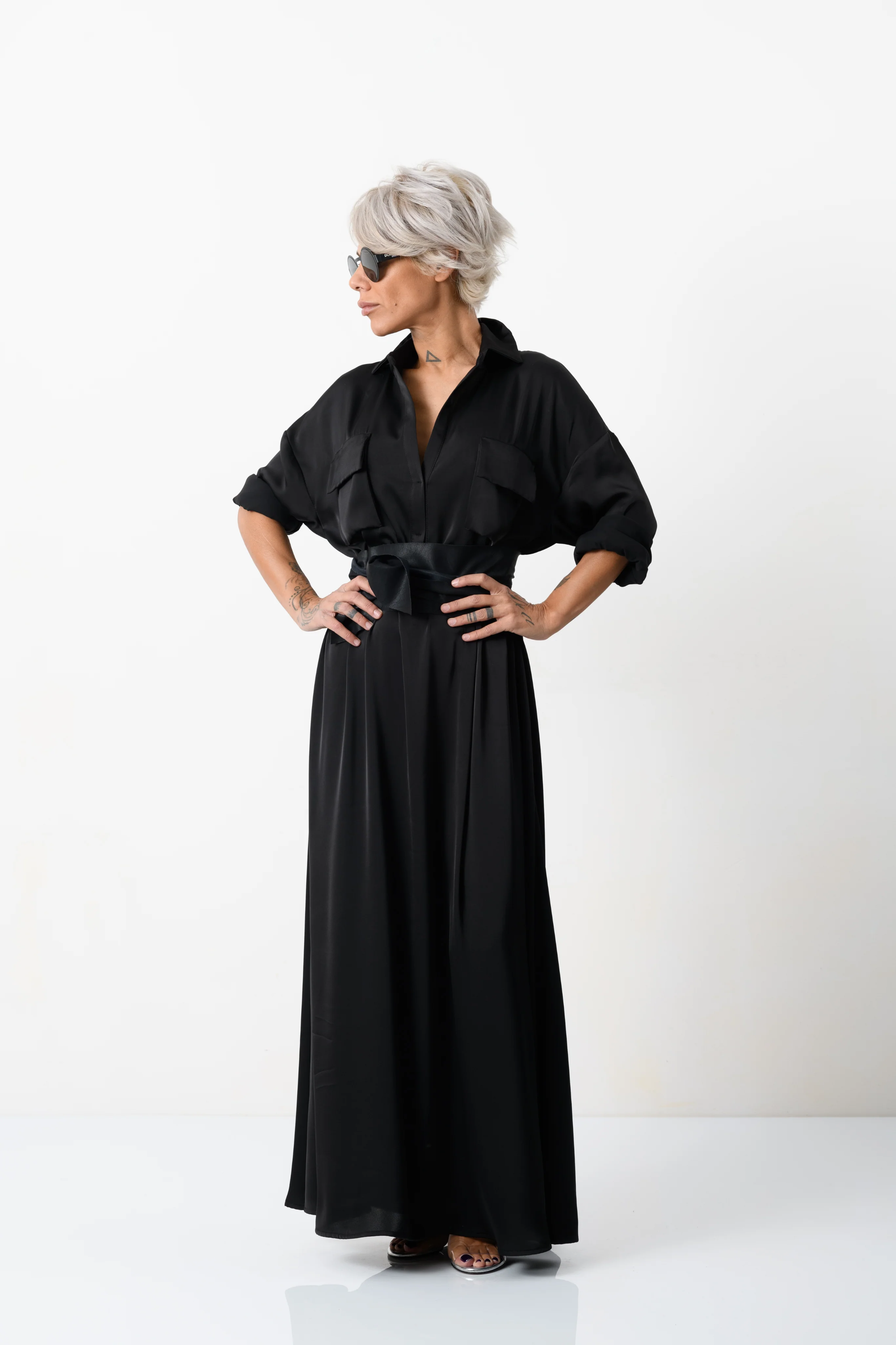 Elegant Maxi Black Shirt Dress with Vegan Leather Belt - Image 4