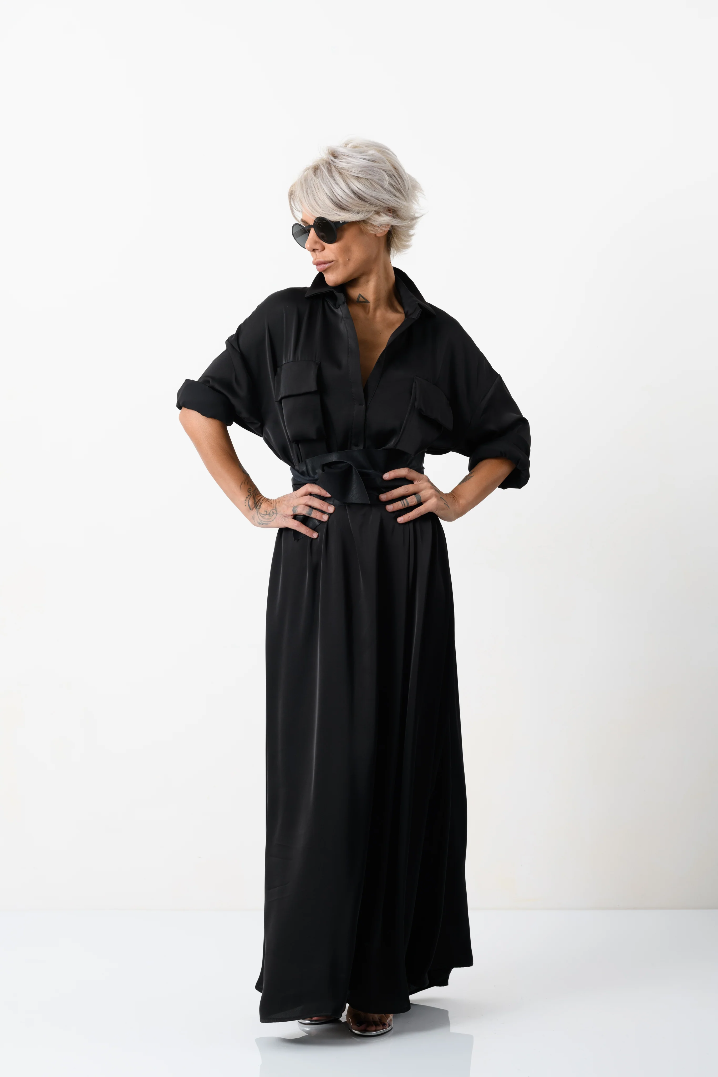 Elegant Maxi Black Shirt Dress with Vegan Leather Belt - Image 5