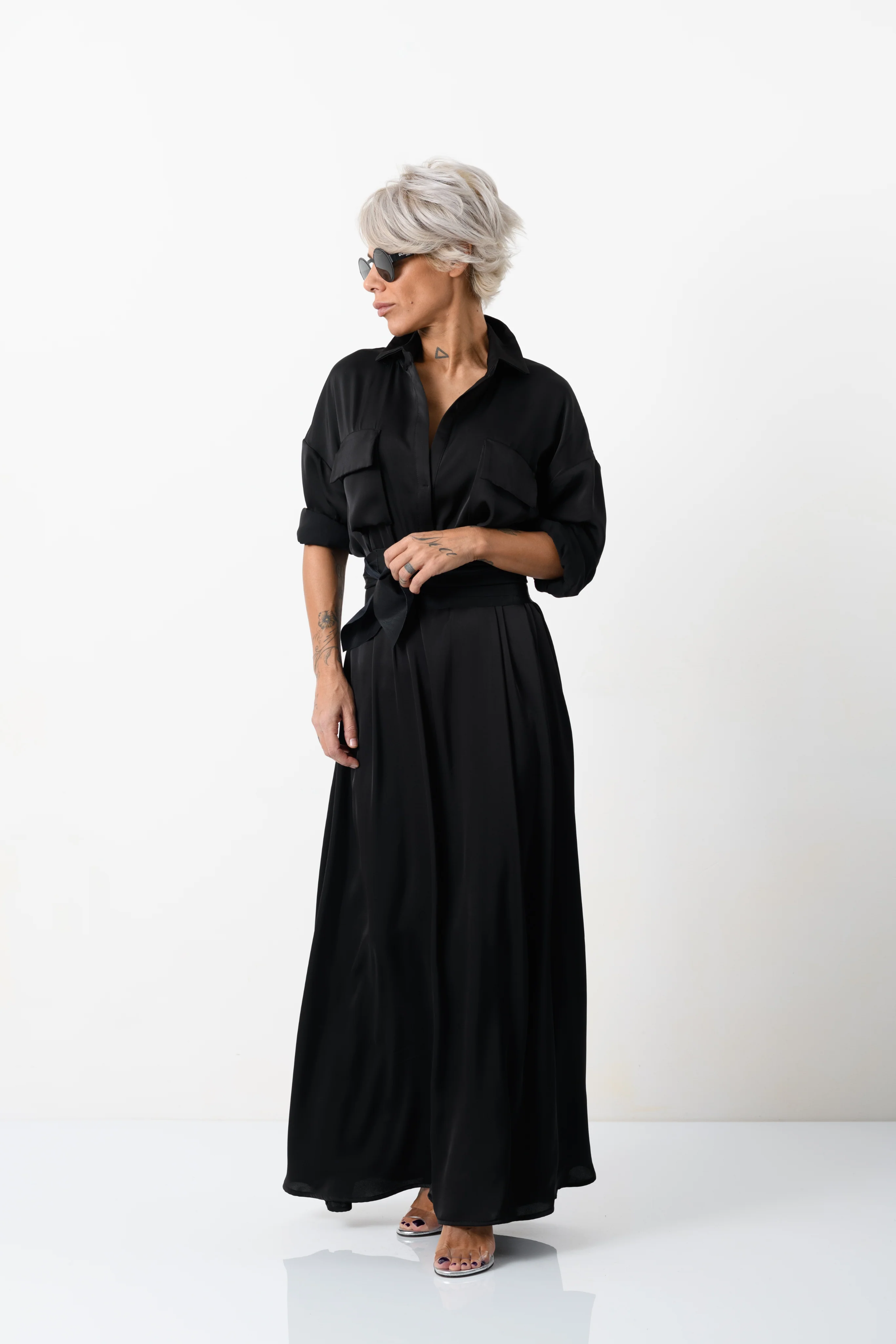 Elegant Maxi Black Shirt Dress with Vegan Leather Belt - Image 8