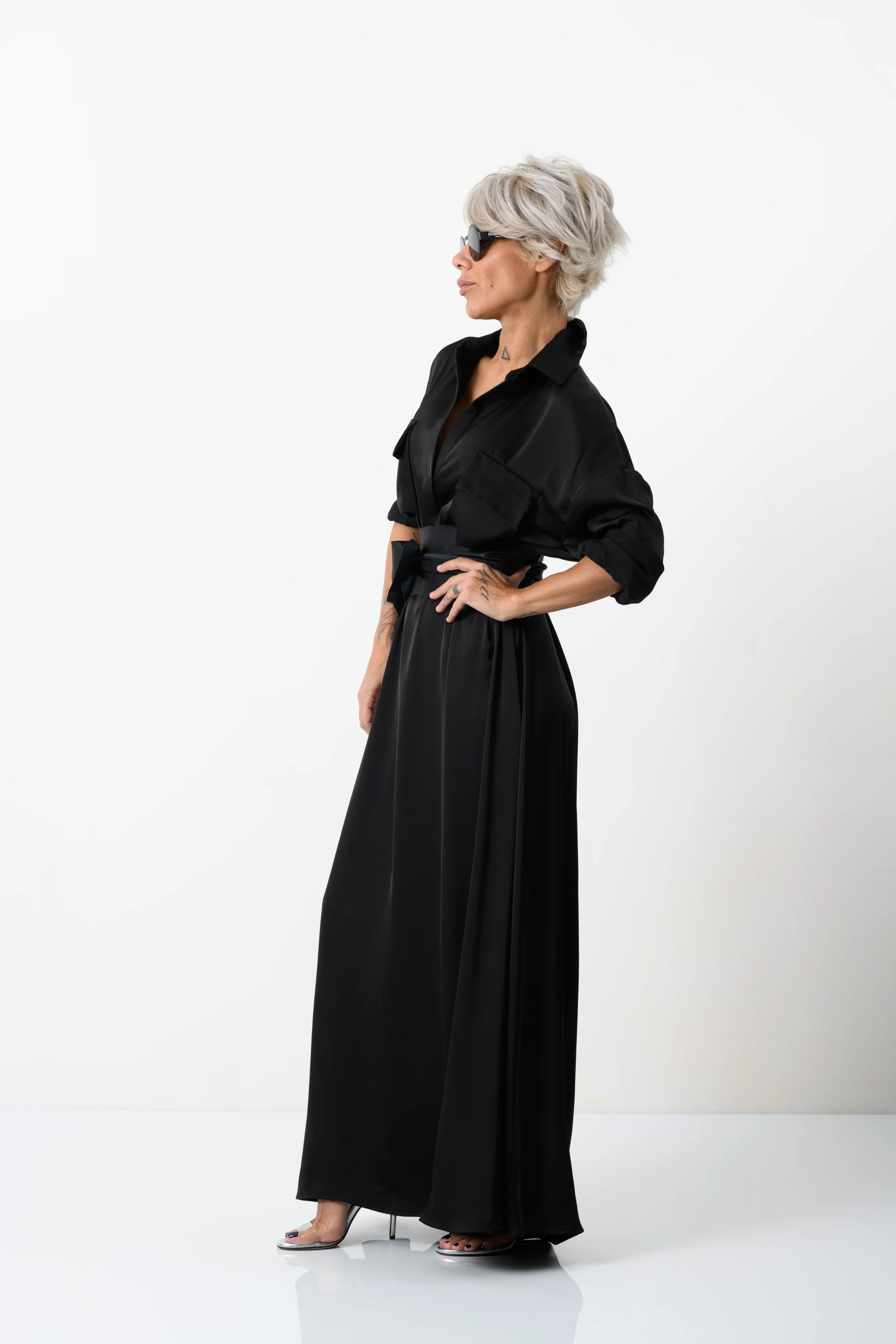 Elegant Maxi Black Shirt Dress with Vegan Leather Belt - Image 9