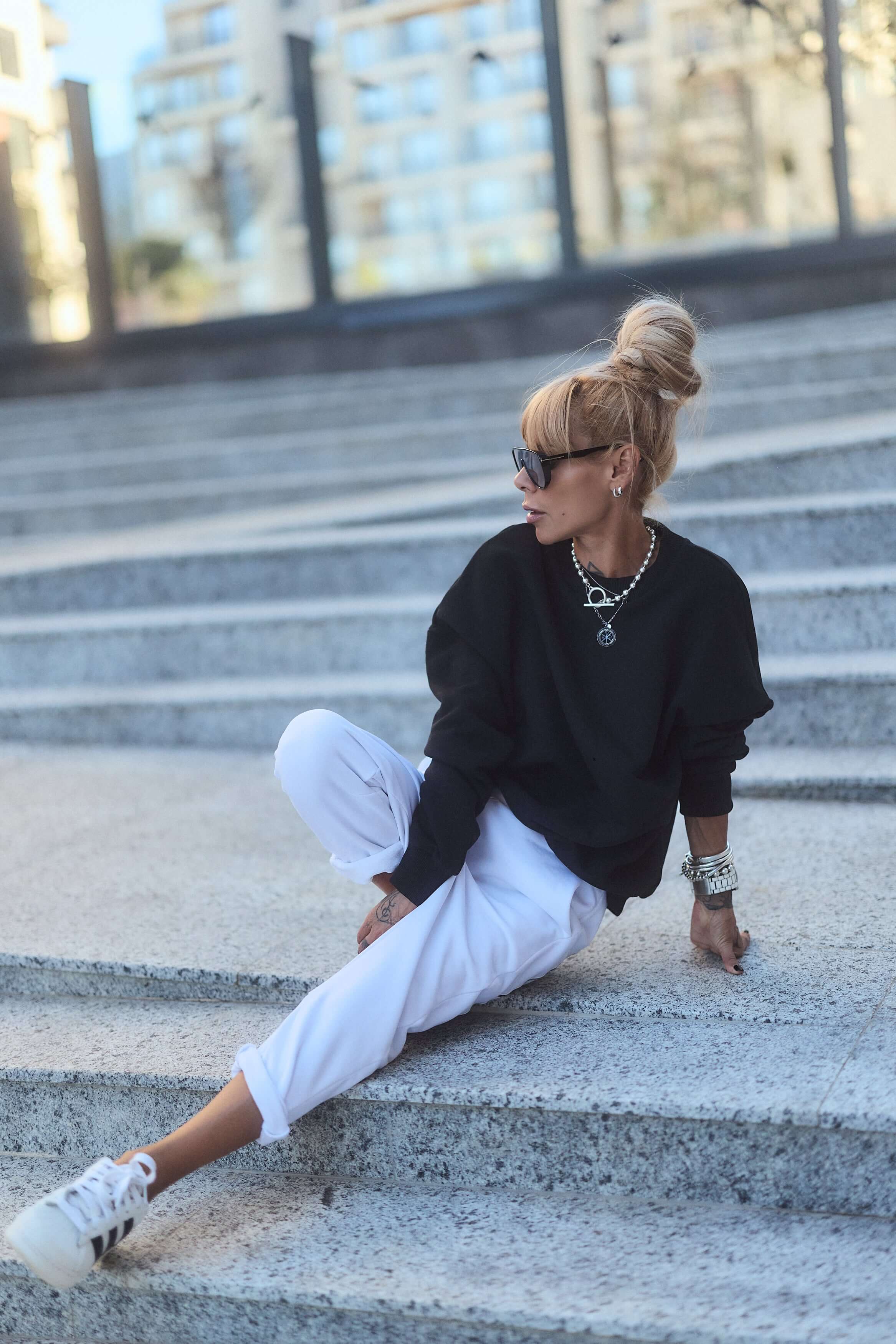 Black Oversized Sweatshirt & White Jogger Set - Image 2