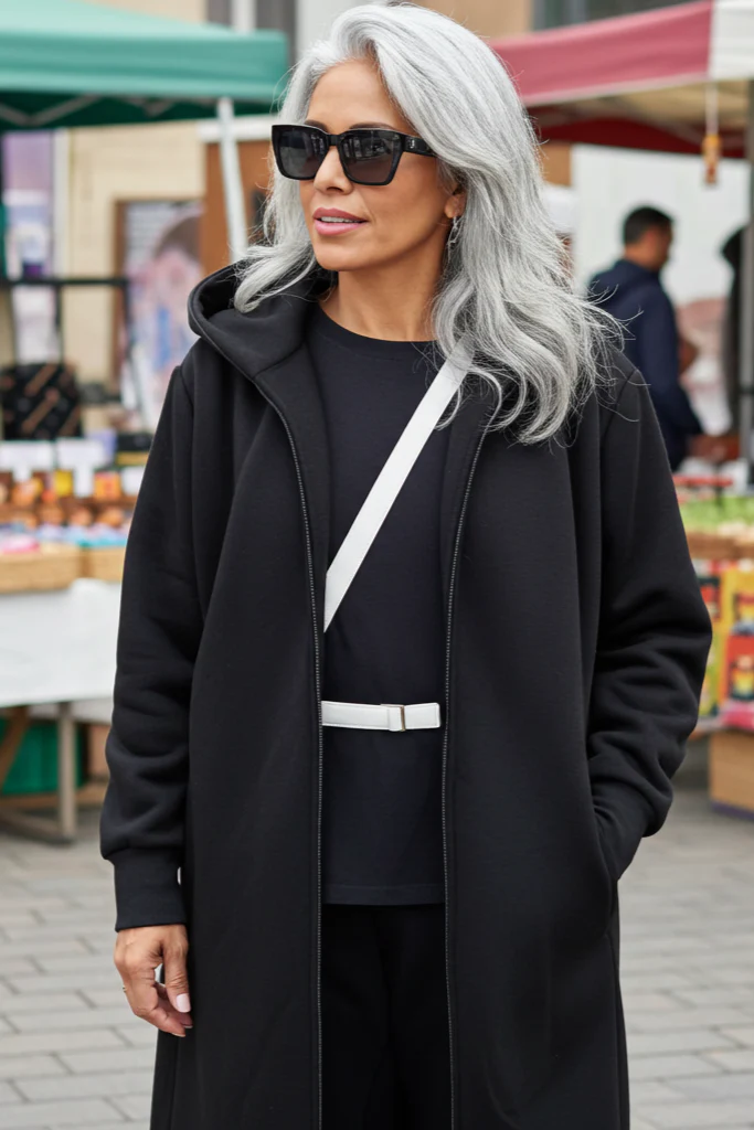 Black Warm Oversized Hoodie Sweatshirt with Long Sleeves and Front Zipper - Image 9