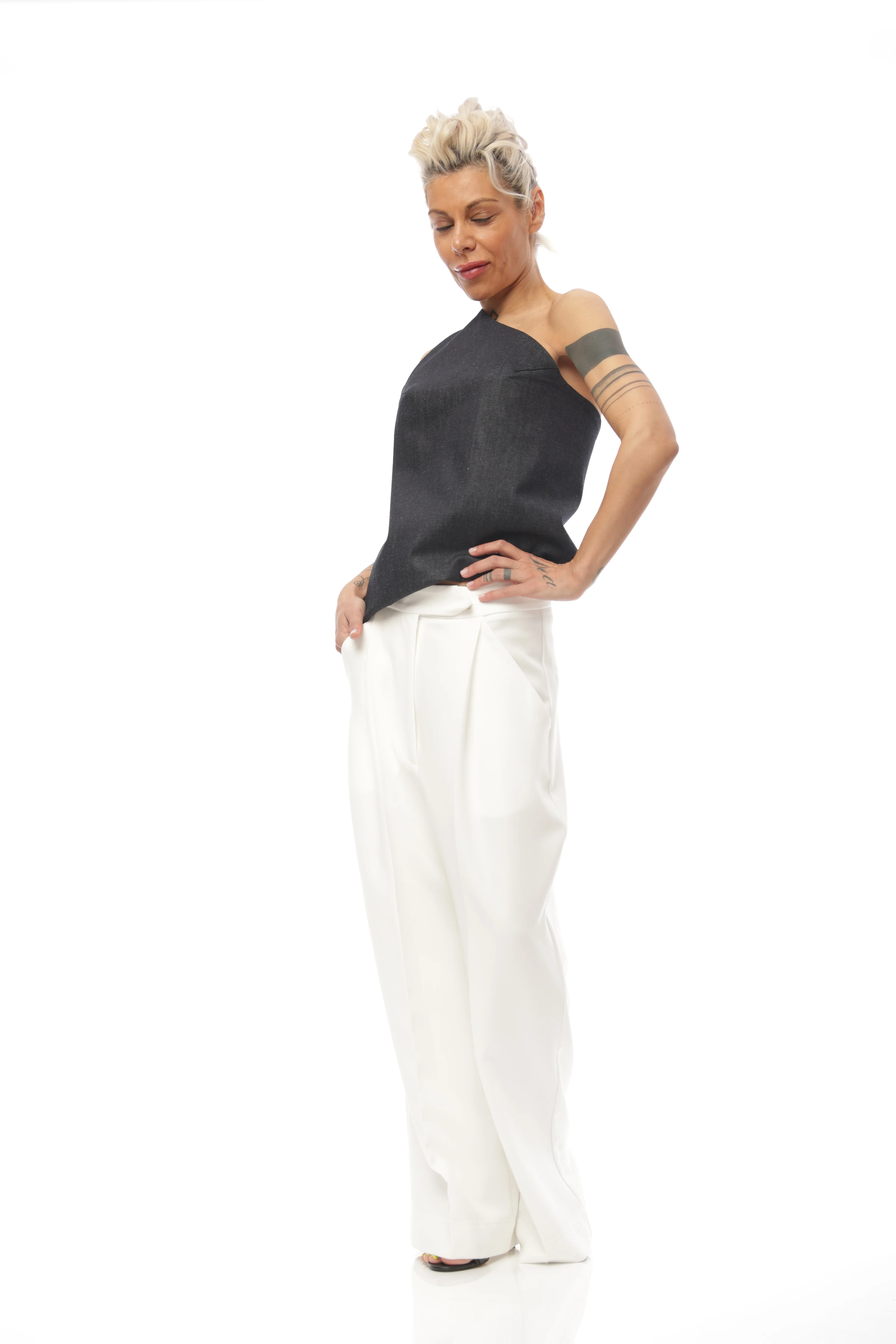 Techwear Inspired Open-Back Denim Top with Buckle Details - Image 10