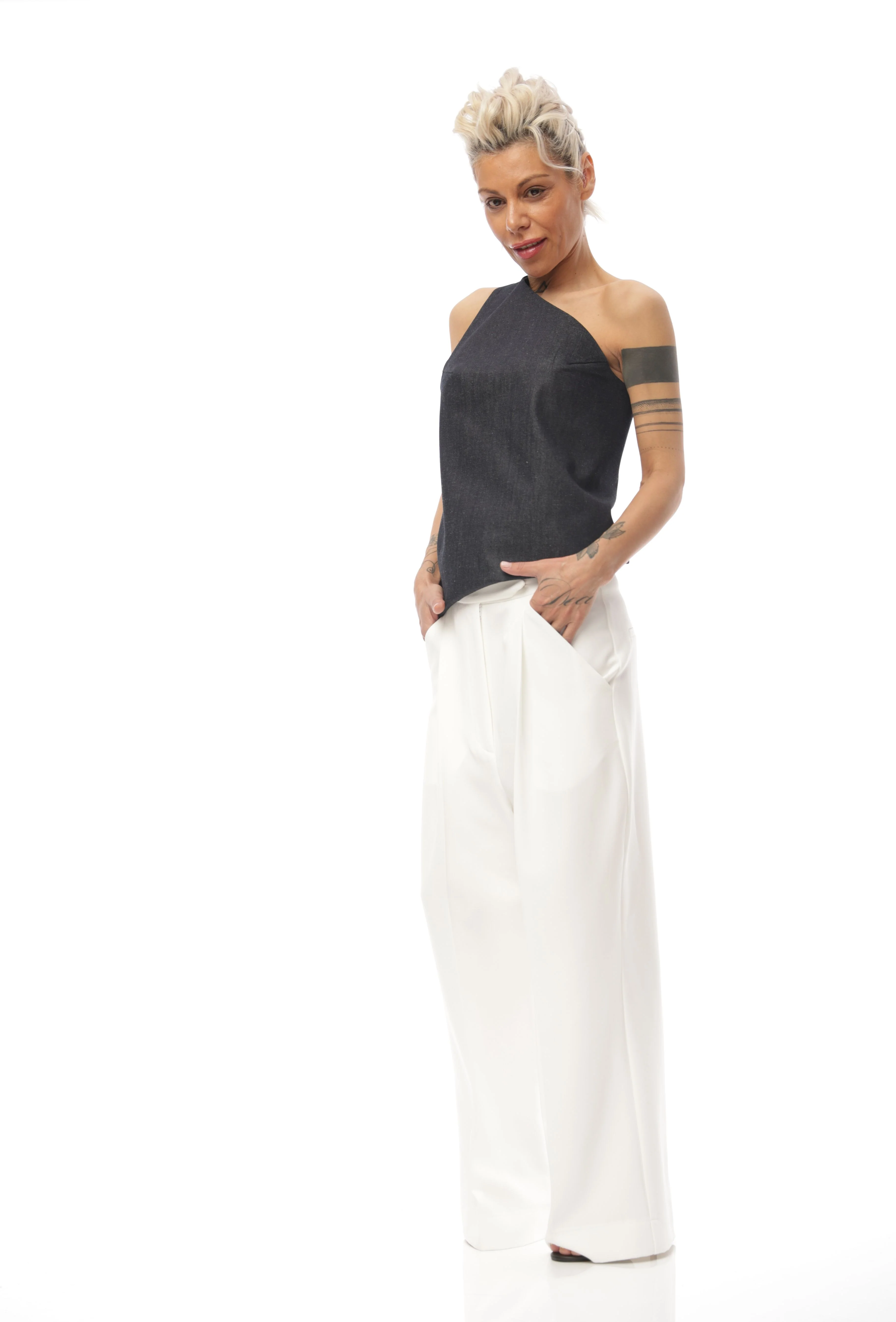 Techwear Inspired Open-Back Denim Top with Buckle Details - Image 13