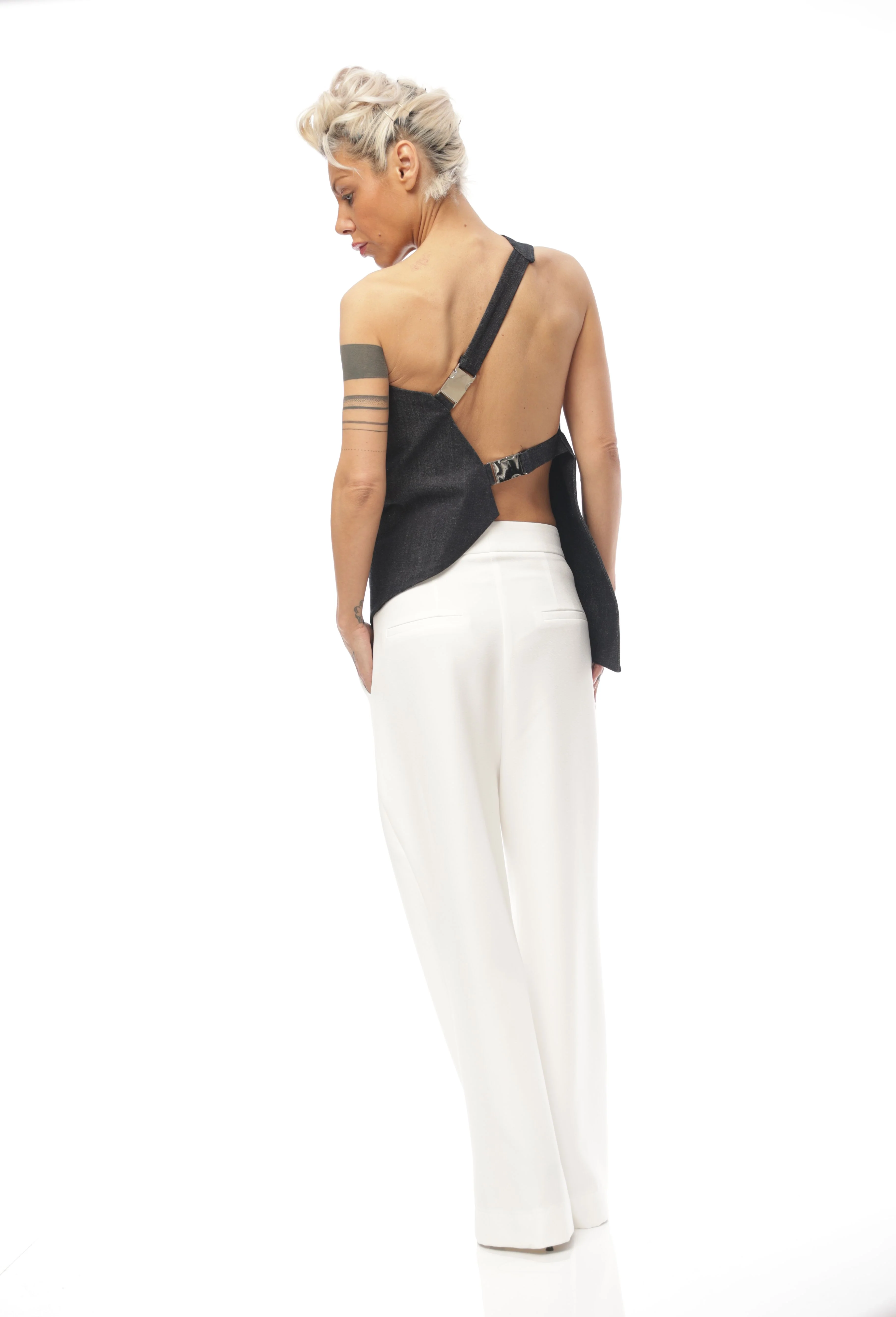 Techwear Inspired Open-Back Denim Top with Buckle Details - Image 3