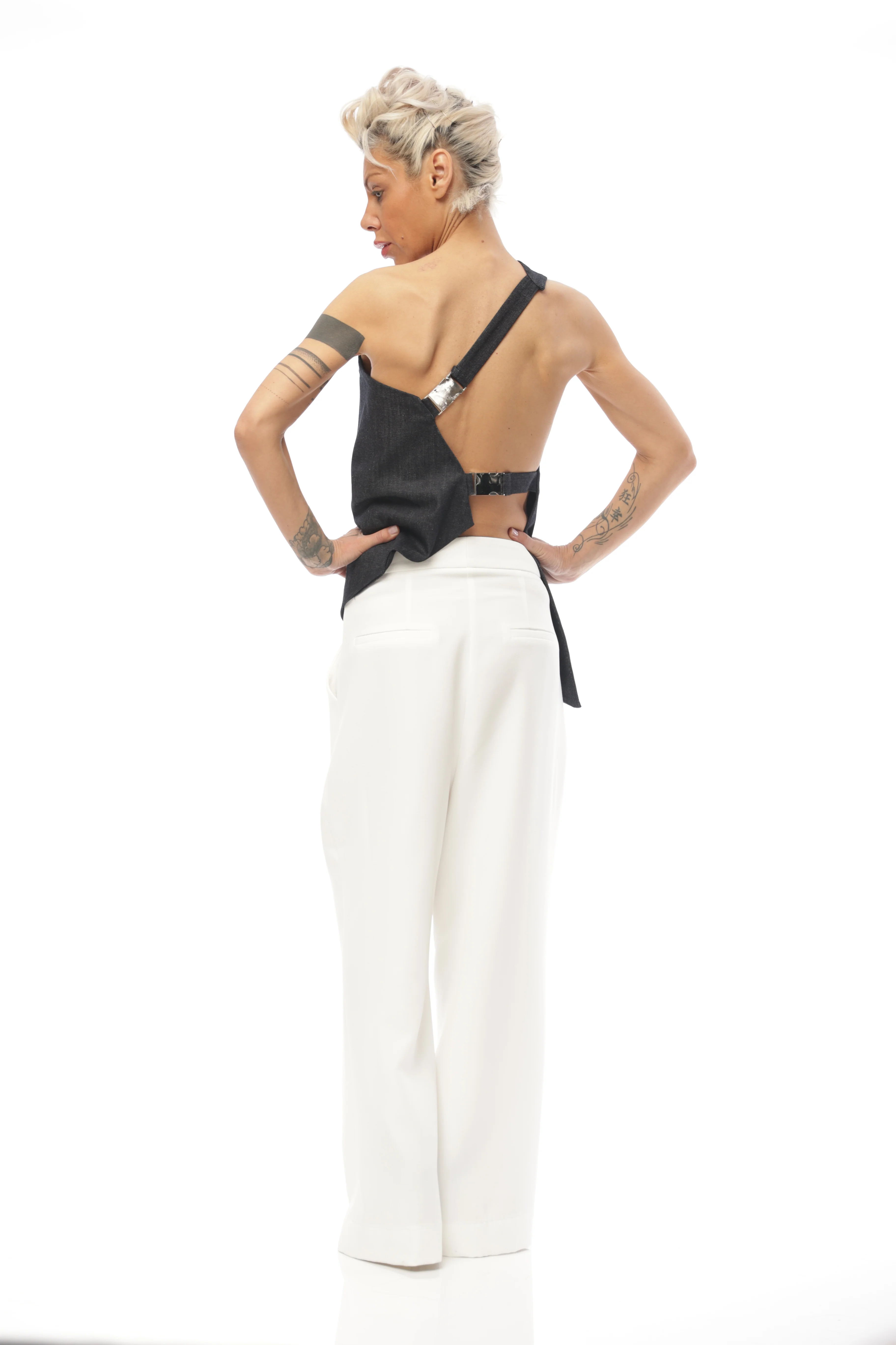 Techwear Inspired Open-Back Denim Top with Buckle Details - Image 4
