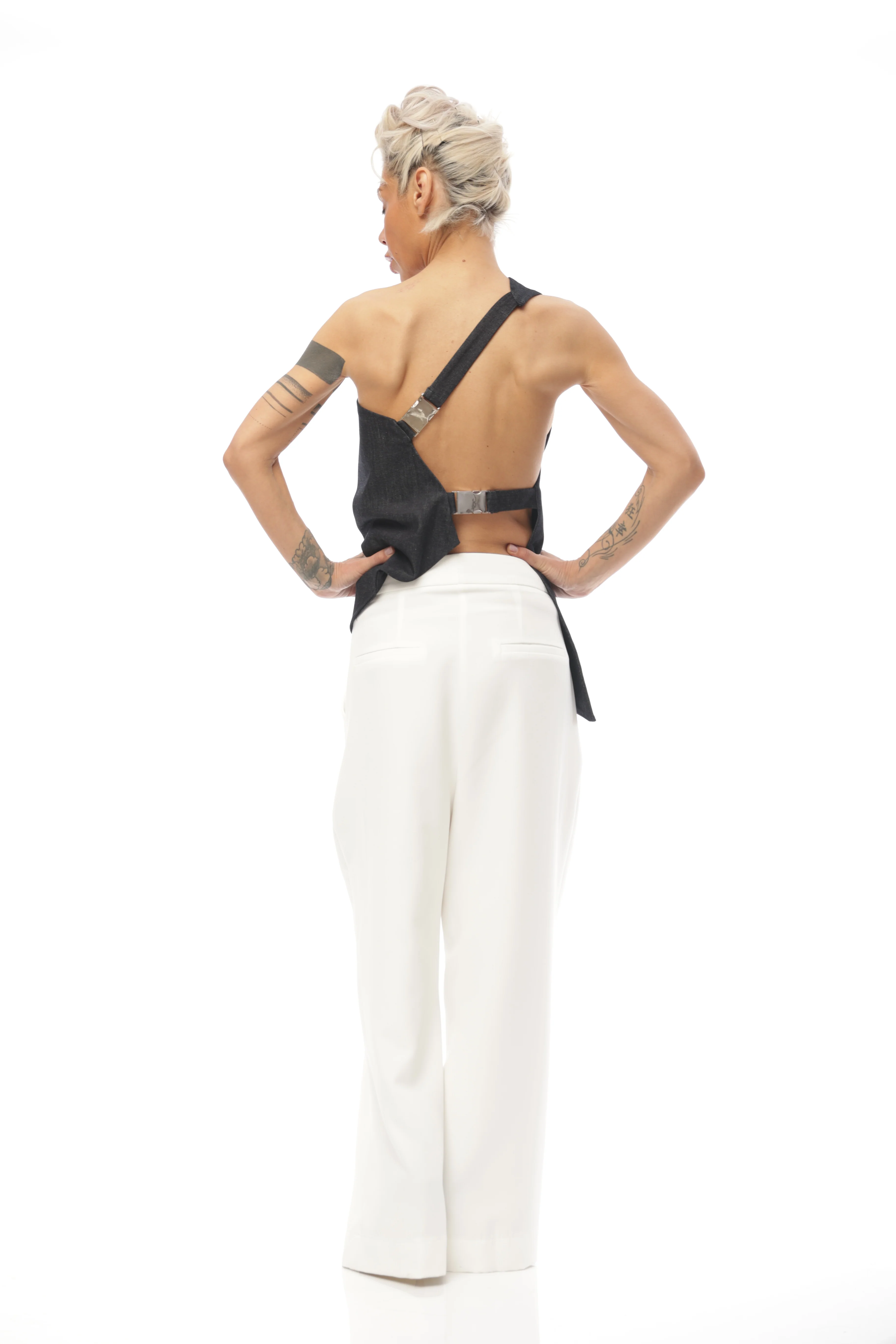 Techwear Inspired Open-Back Denim Top with Buckle Details - Image 5