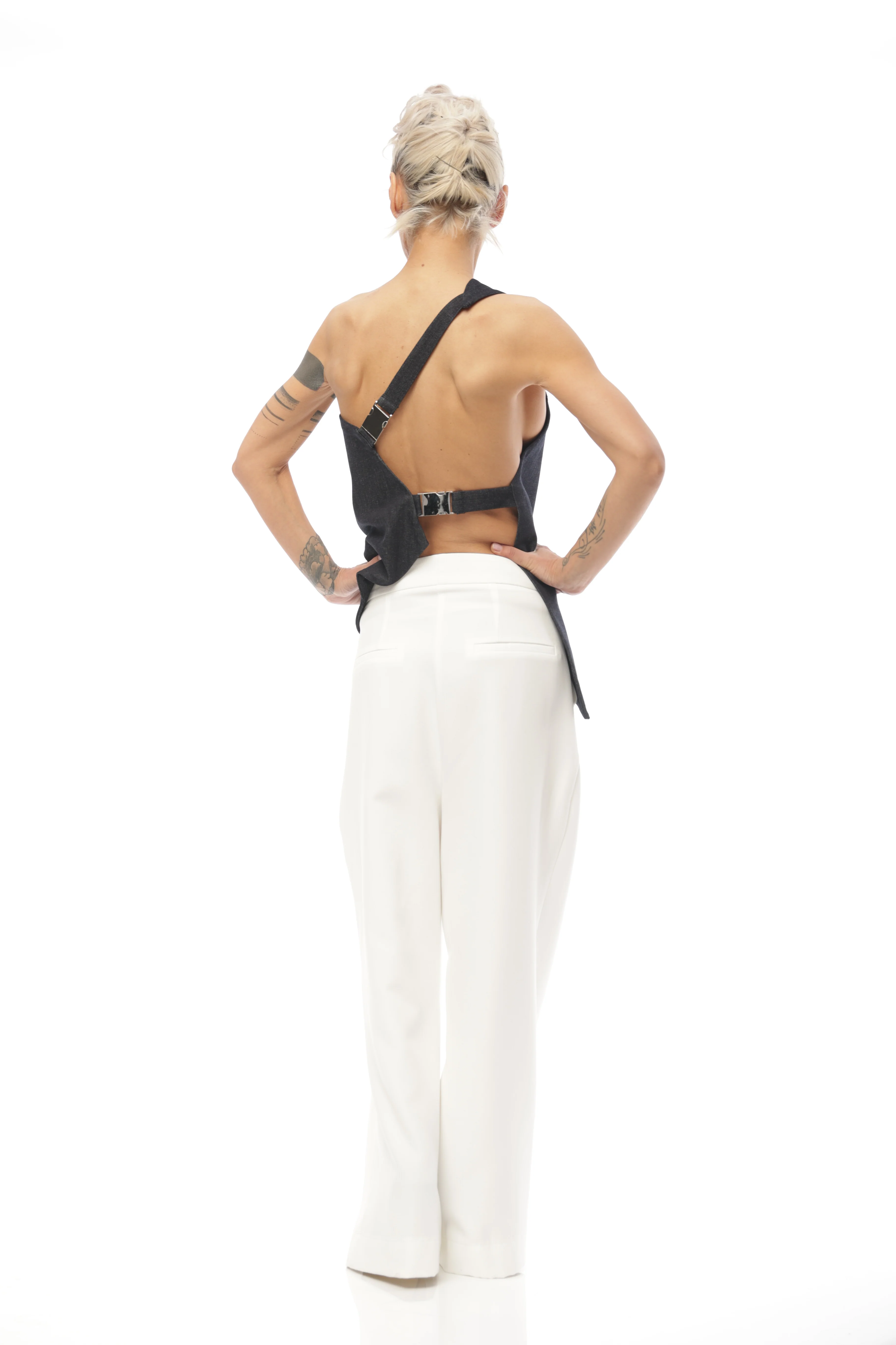 Techwear Inspired Open-Back Denim Top with Buckle Details - Image 6