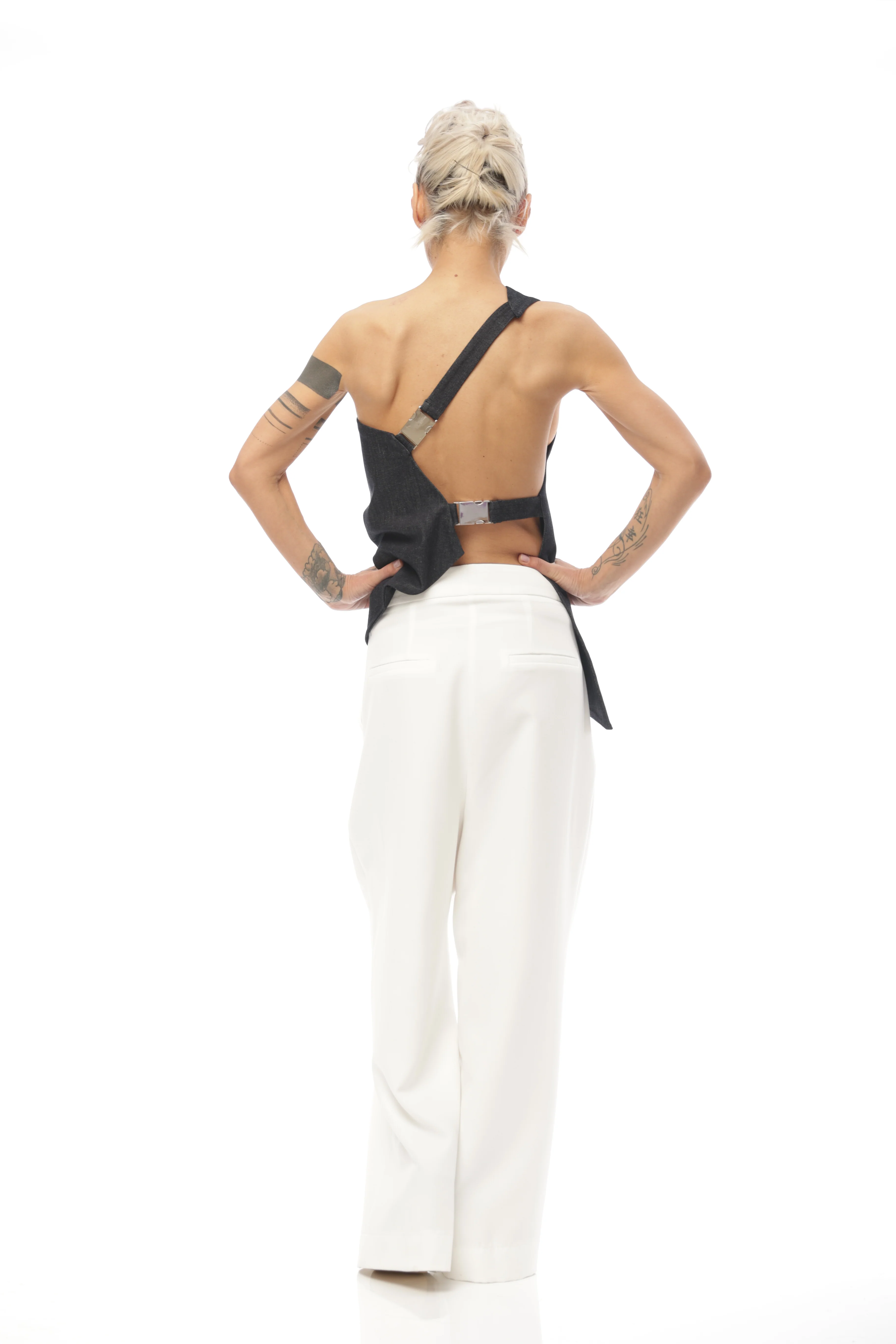 Techwear Inspired Open-Back Denim Top with Buckle Details - Image 7