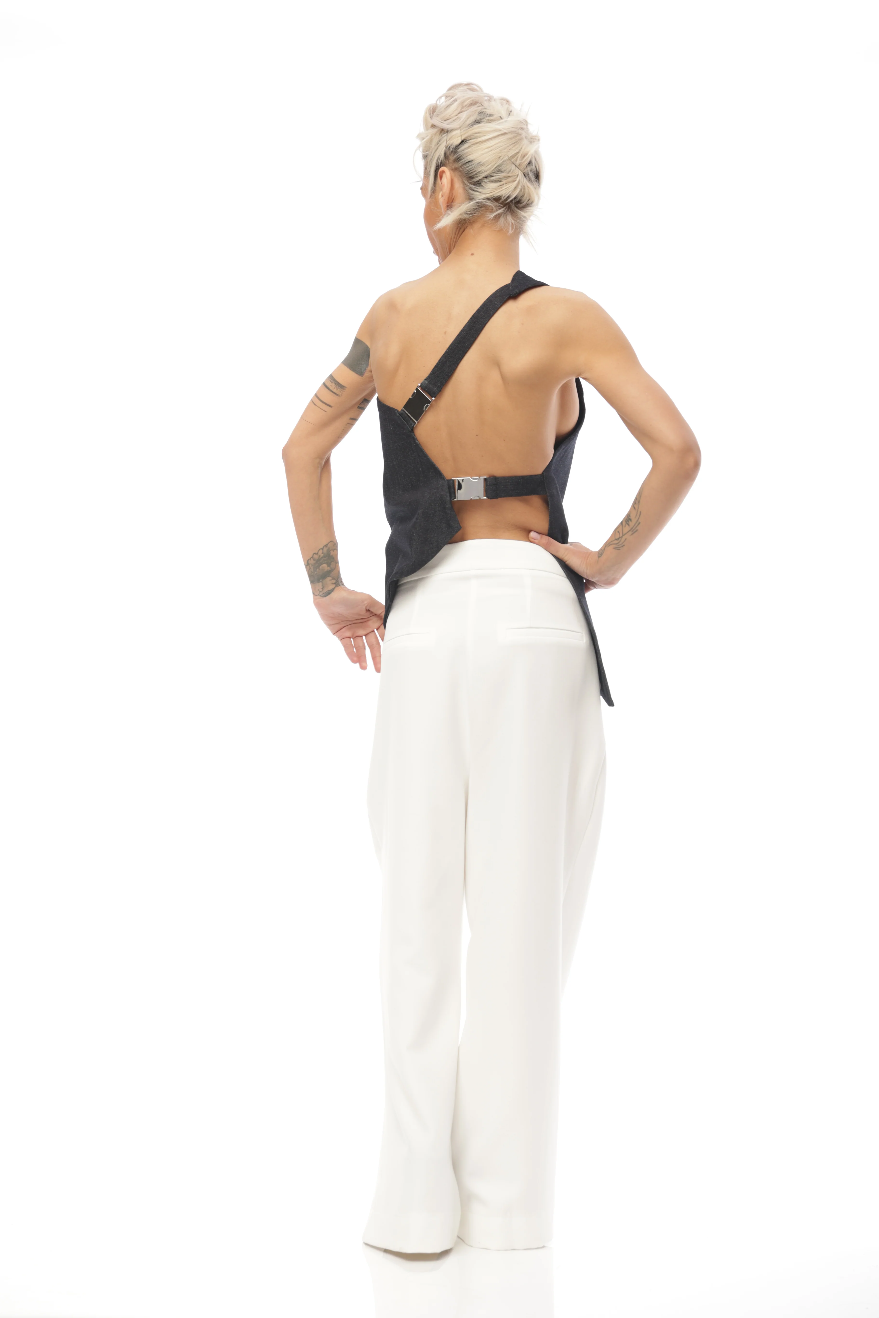 Techwear Inspired Open-Back Denim Top with Buckle Details - Image 8