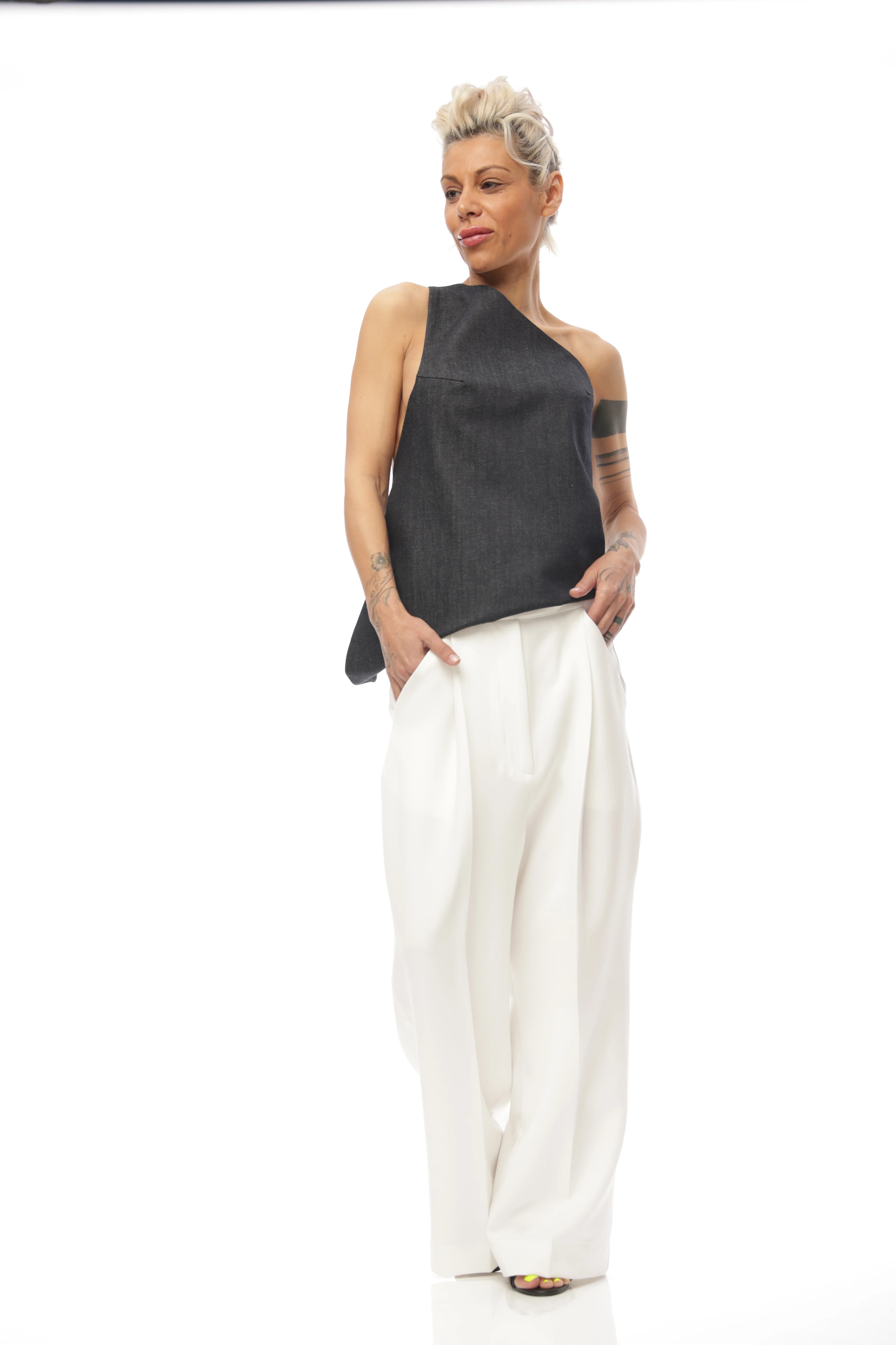 Techwear Inspired Open-Back Denim Top with Buckle Details - Image 9