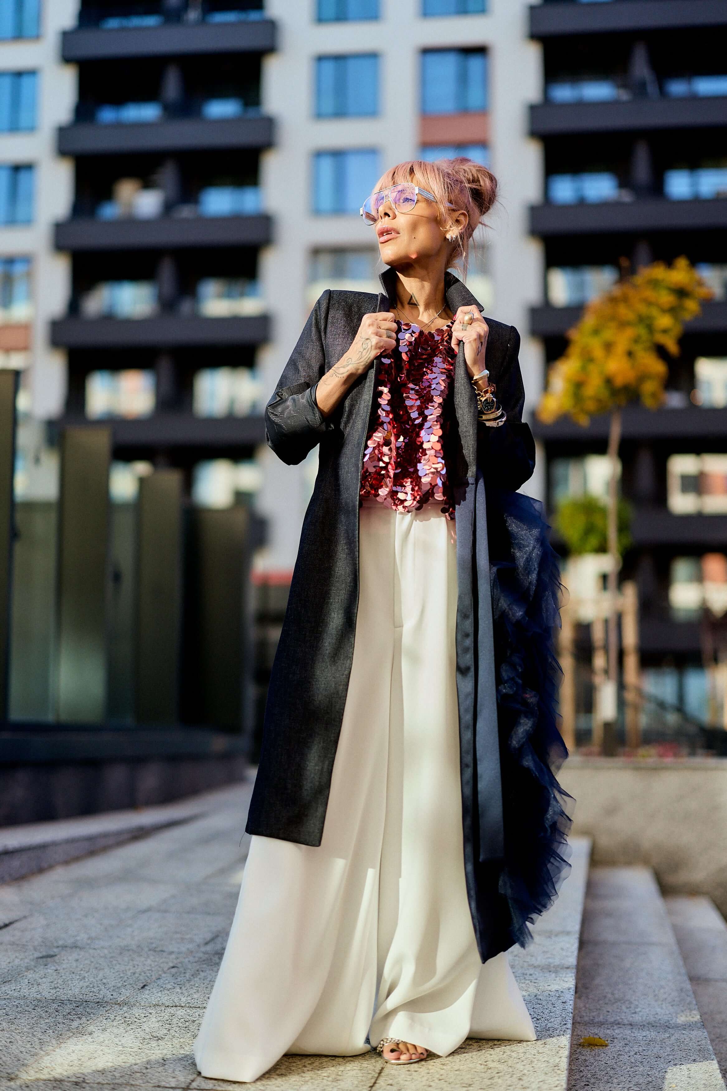 Denim Tulle Detail Blazer - Image 4