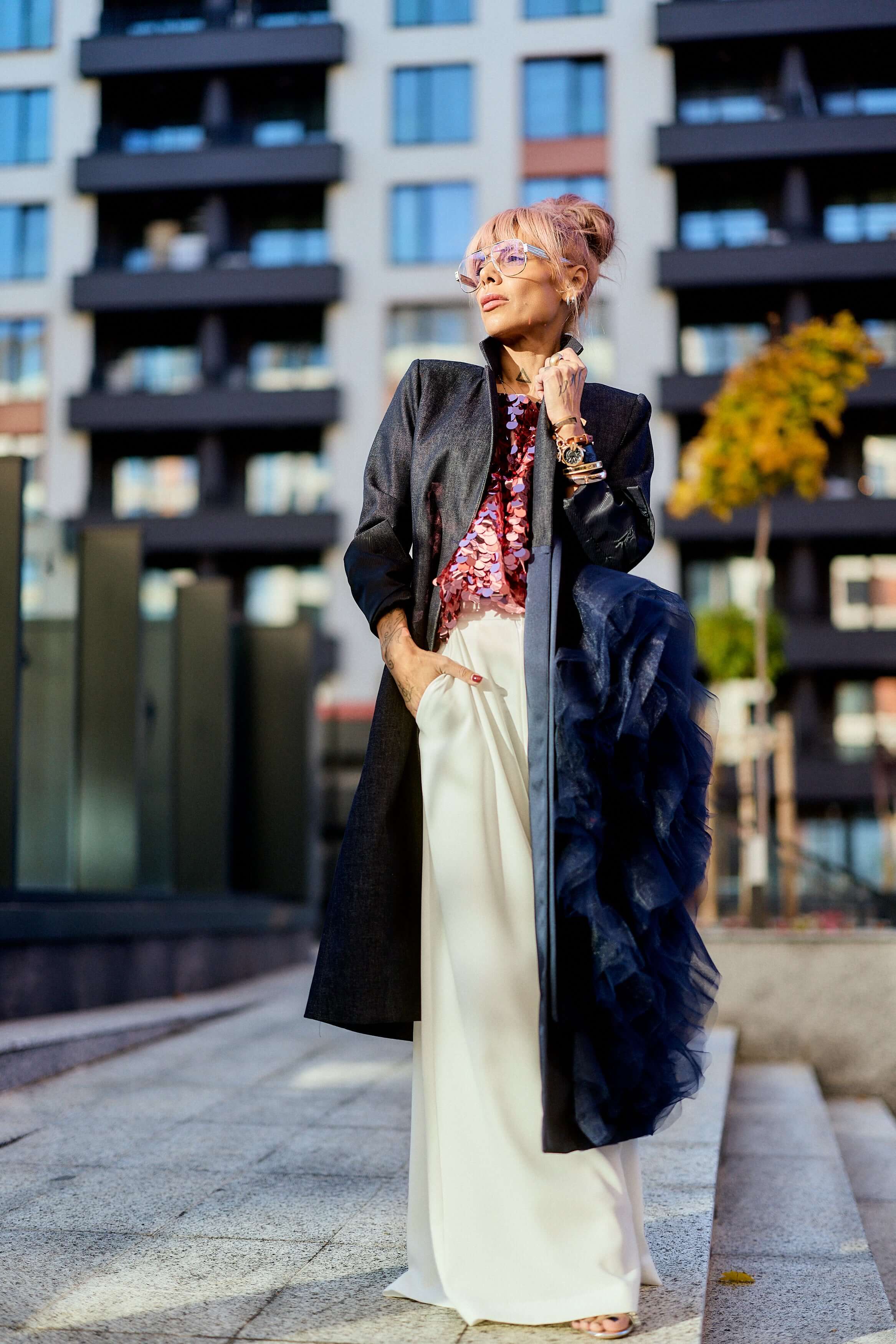 Denim Tulle Detail Blazer - Image 5