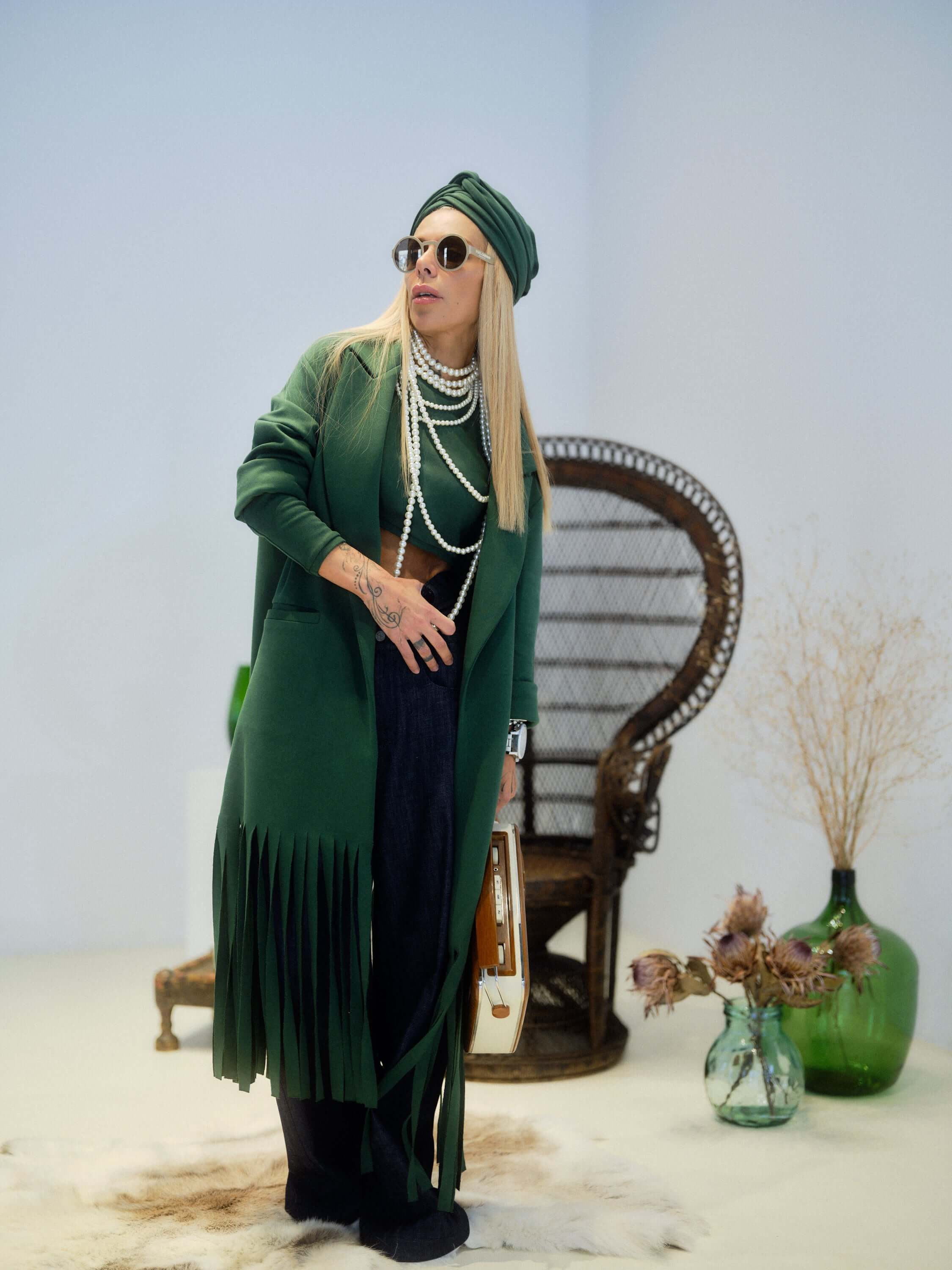 Green Long Coat with Fringe Detail - Image 3