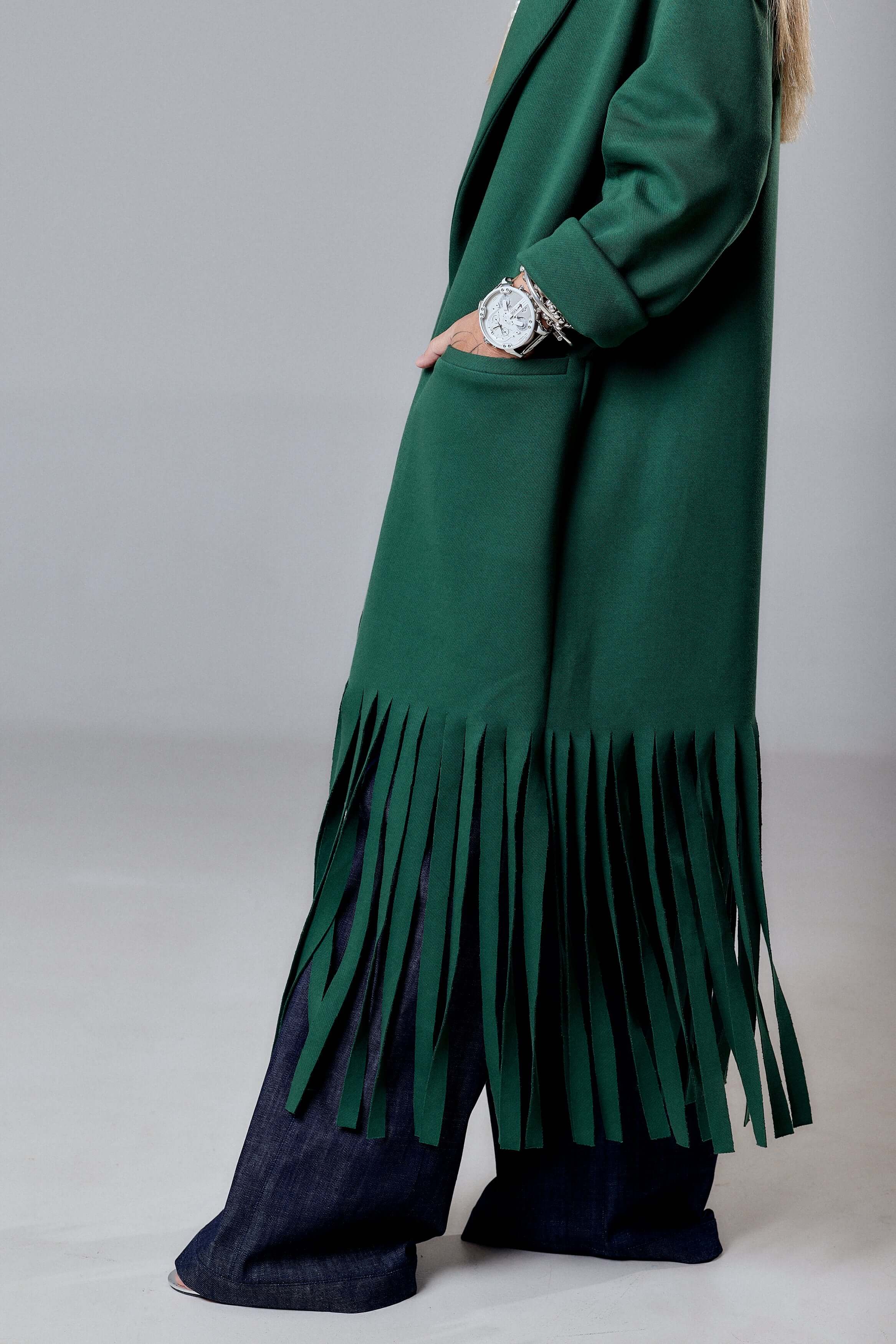 Green Long Coat with Fringe Detail - Image 6