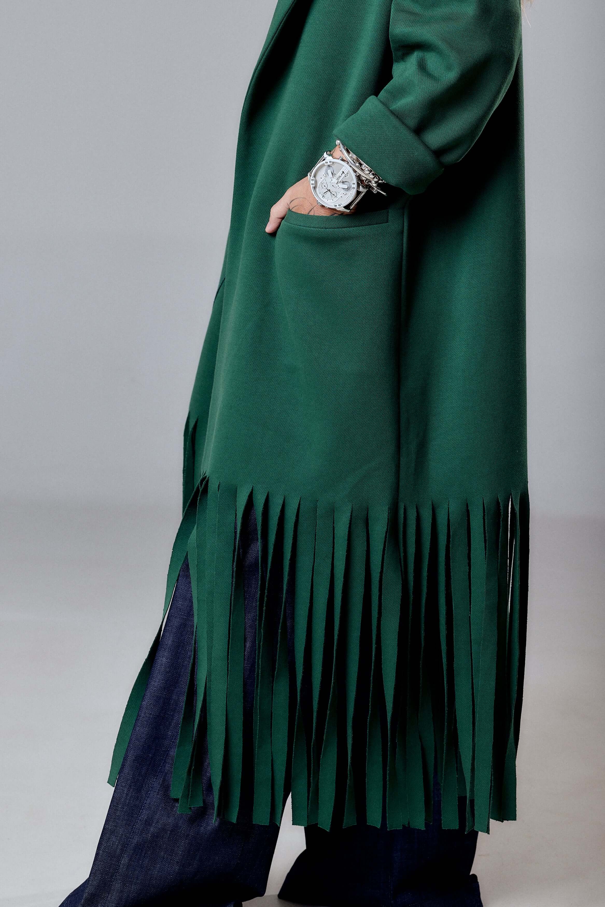 Green Long Coat with Fringe Detail - Image 7