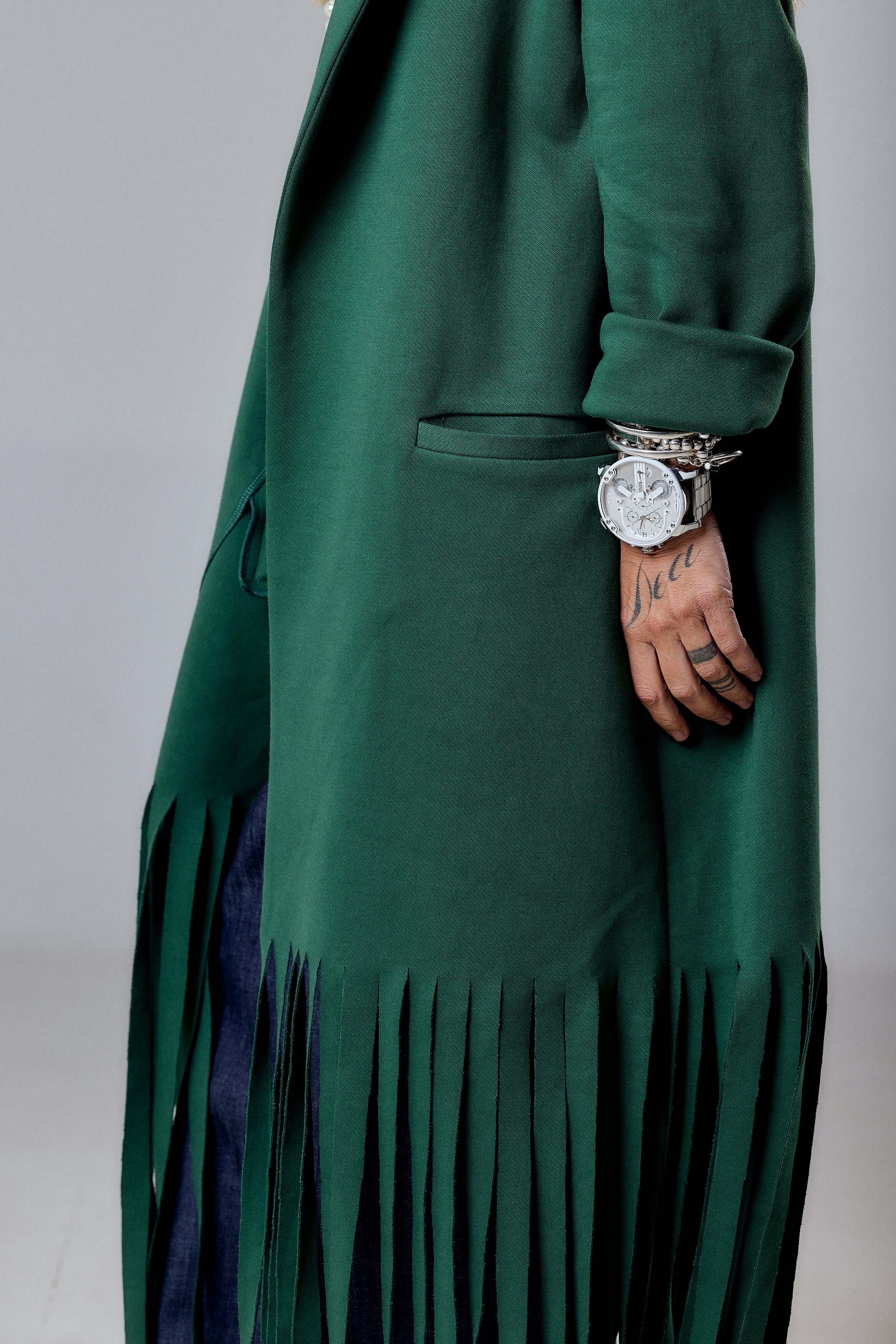 Green Long Coat with Fringe Detail - Image 8