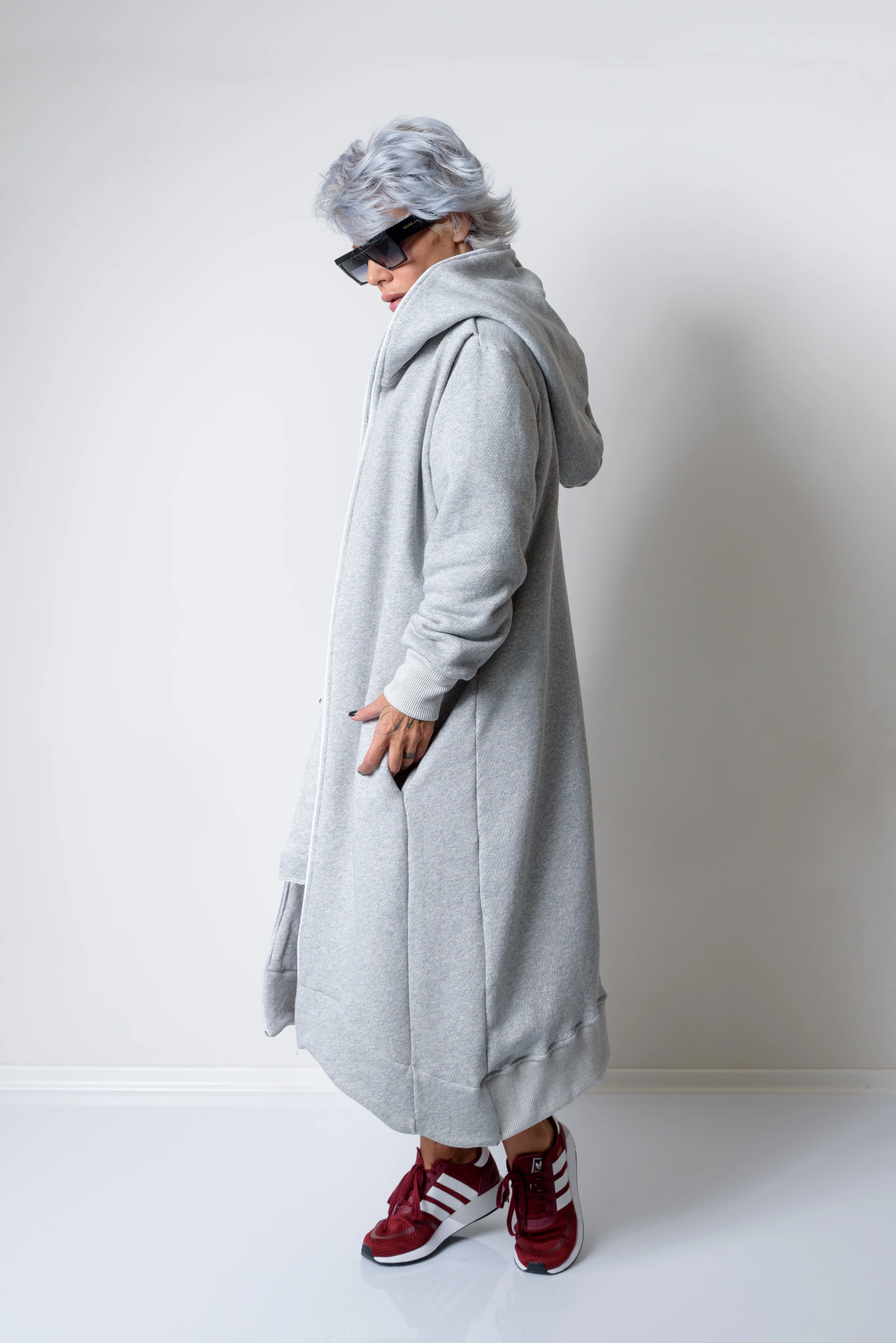 Grey Long Oversized Asymmetrical Casual Hoodie Sweatshirt - Image 10