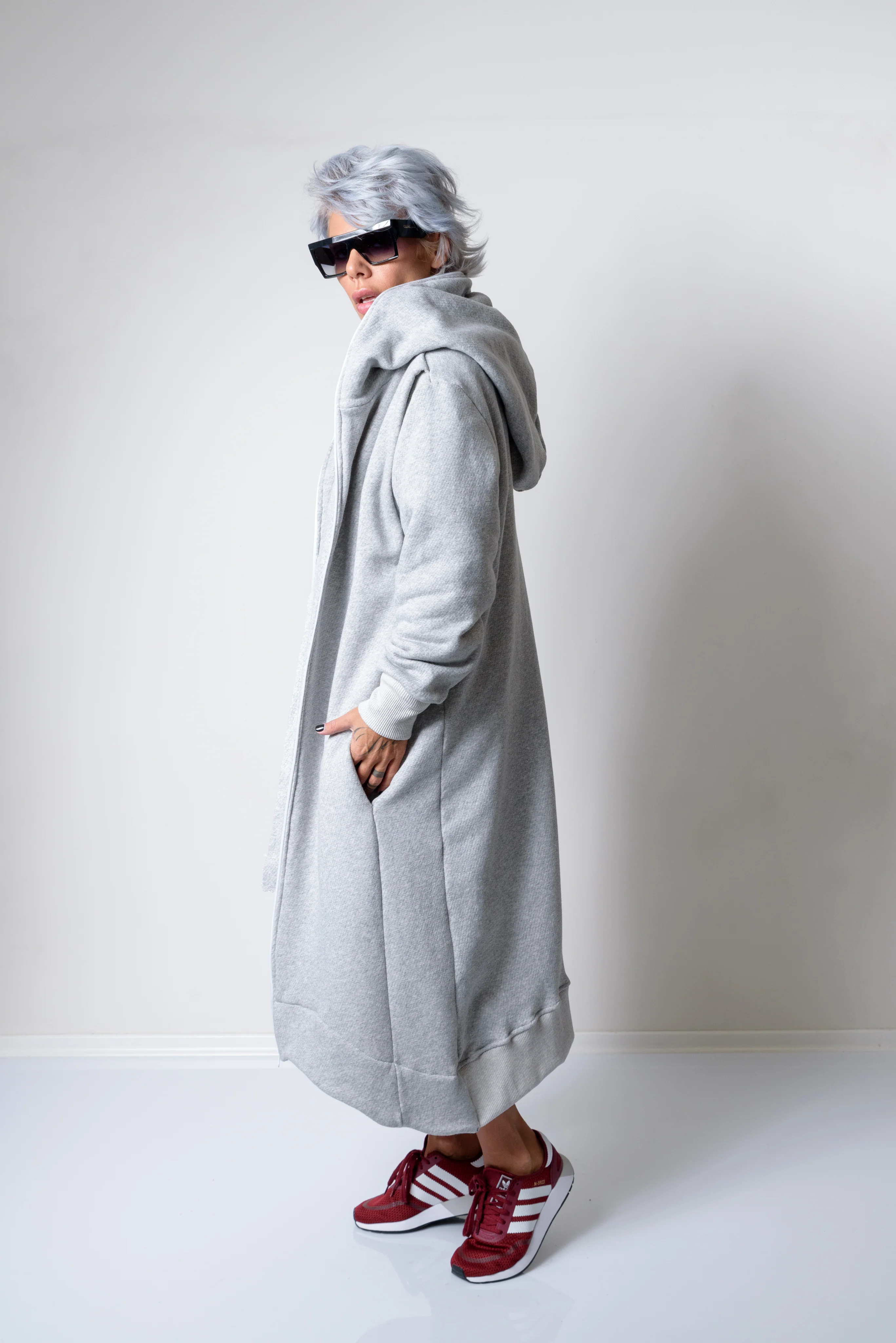Grey Long Oversized Asymmetrical Casual Hoodie Sweatshirt - Image 3