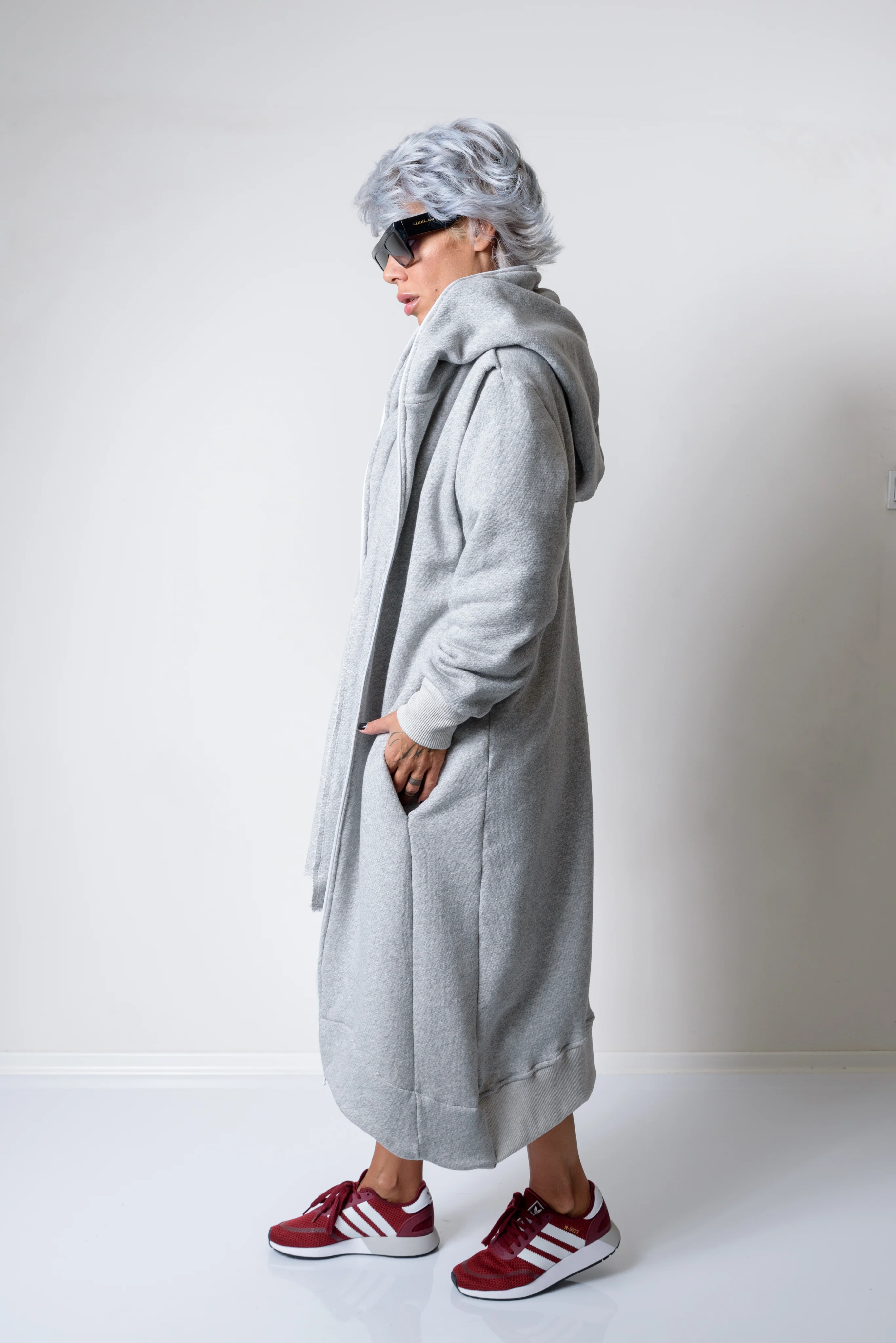 Grey Long Oversized Asymmetrical Casual Hoodie Sweatshirt - Image 4