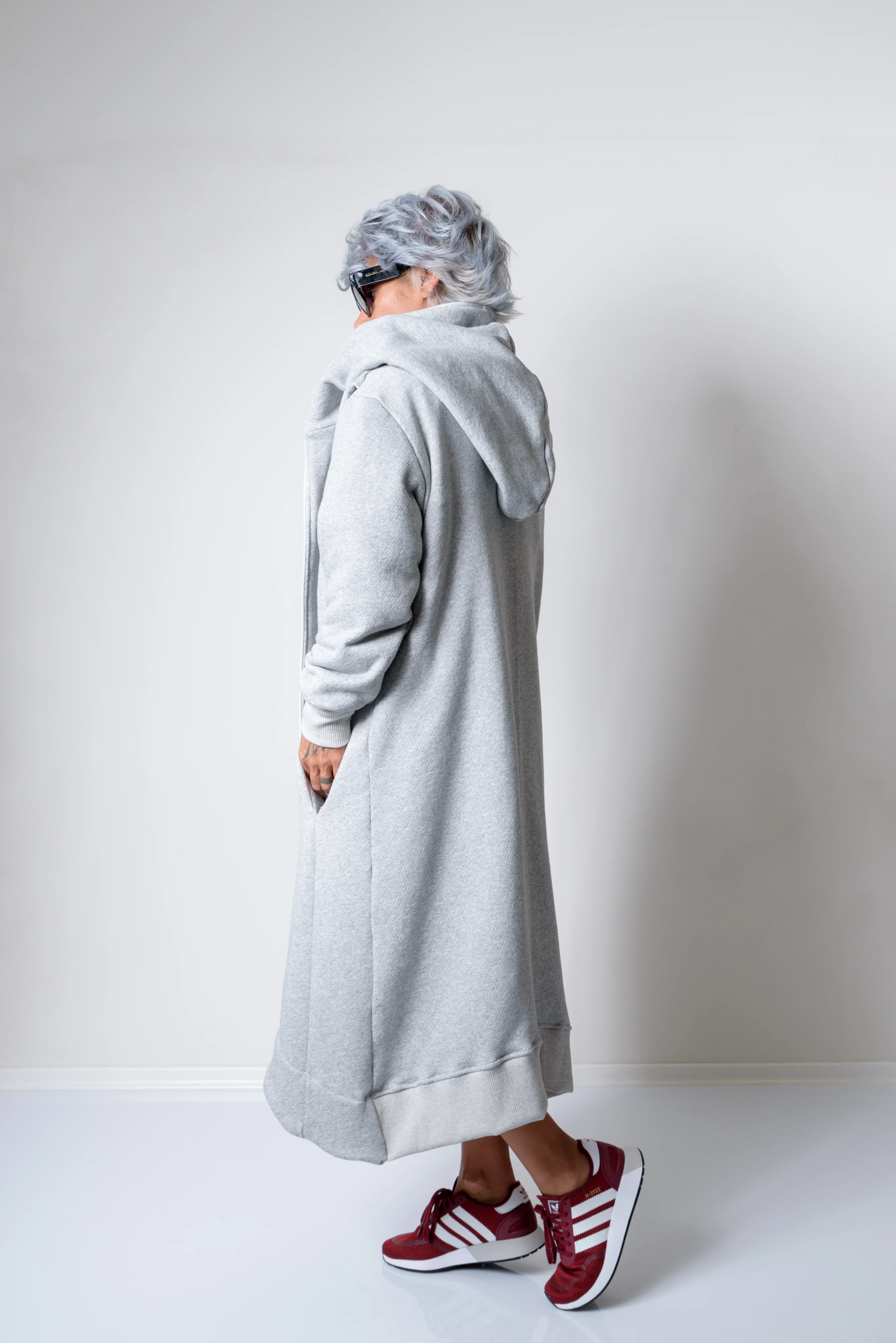 Grey Long Oversized Asymmetrical Casual Hoodie Sweatshirt - Image 5