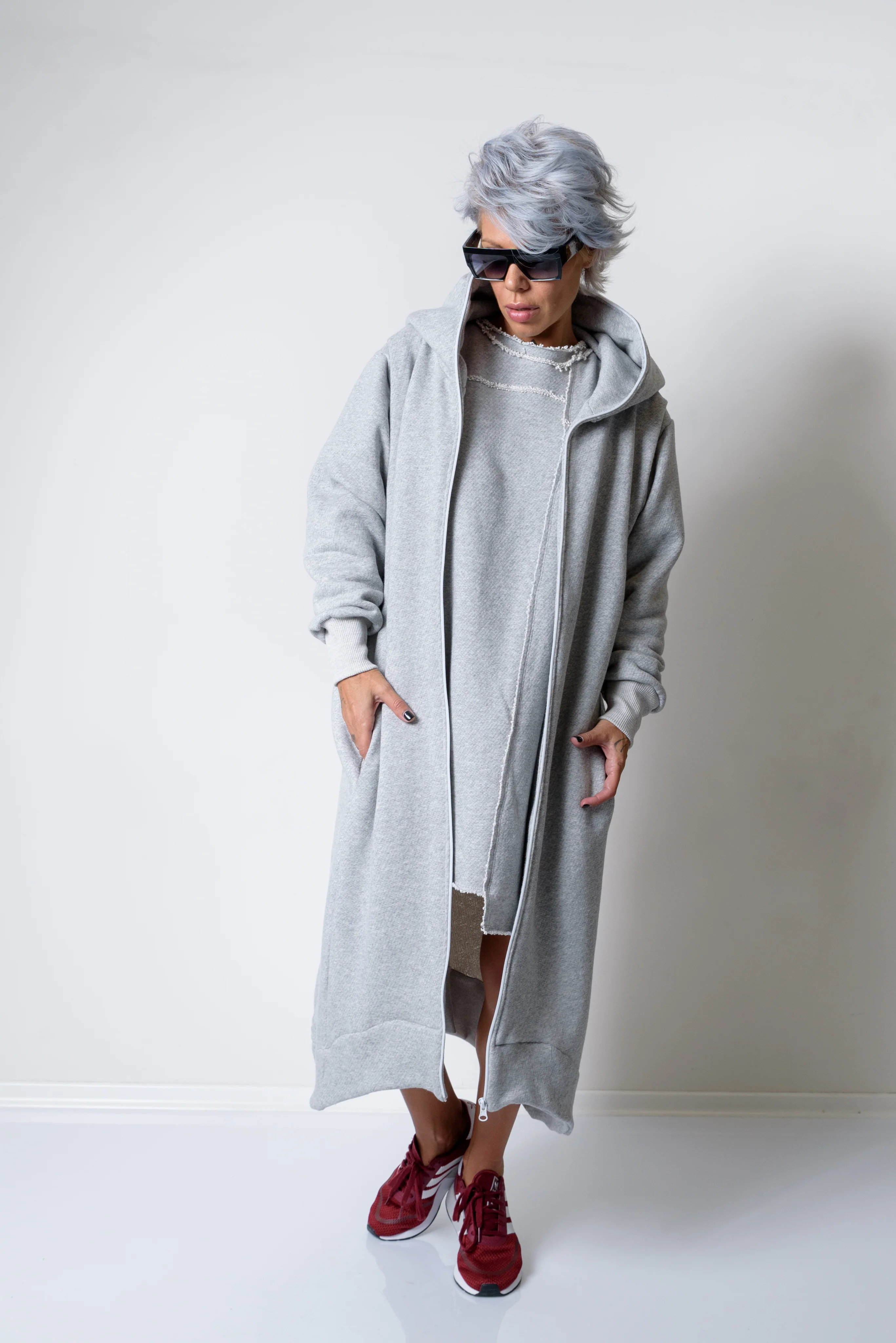 Grey Long Oversized Asymmetrical Casual Hoodie Sweatshirt - Image 9