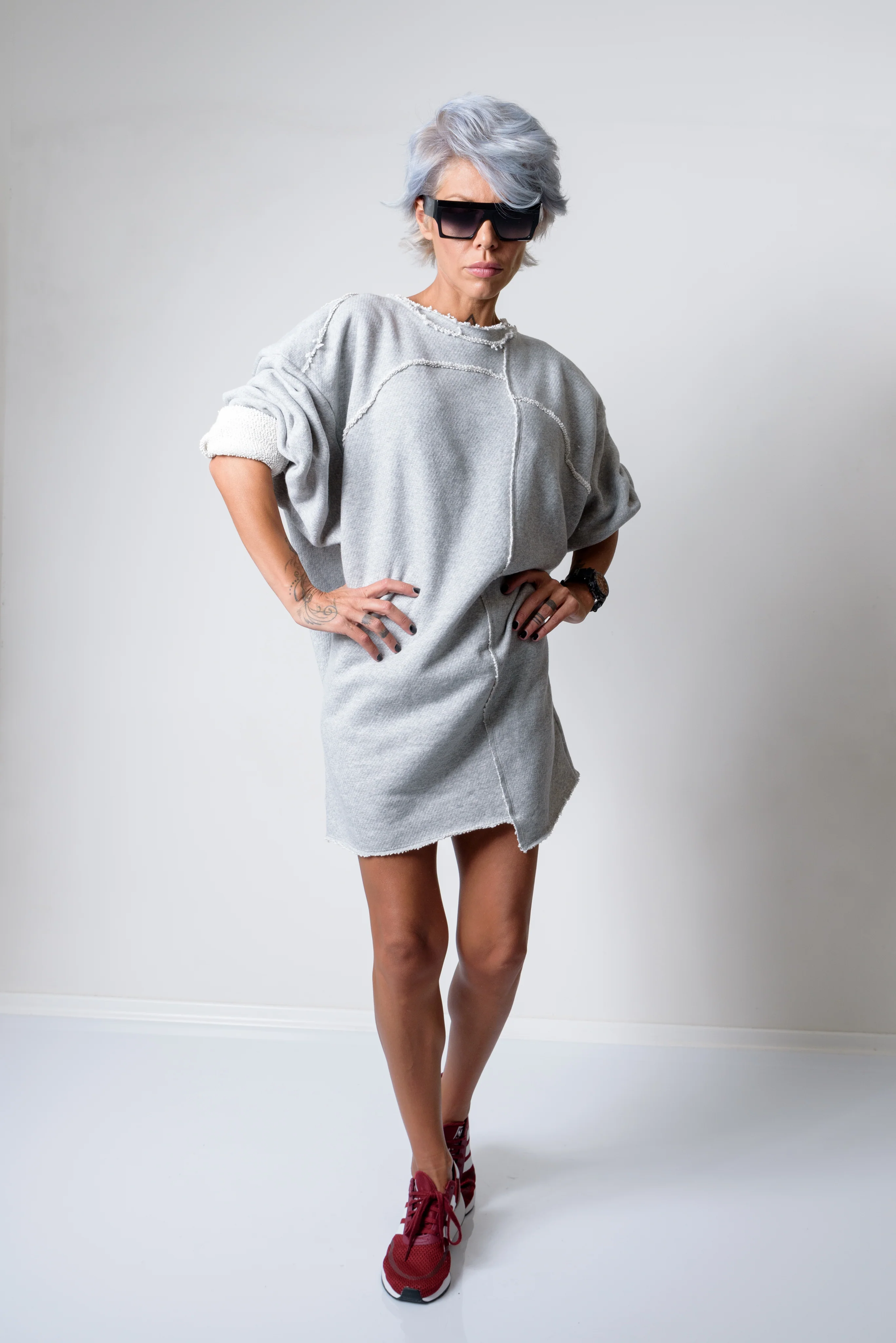 Grey Oversized Asymmetric Long Loose Sweater - Image 10