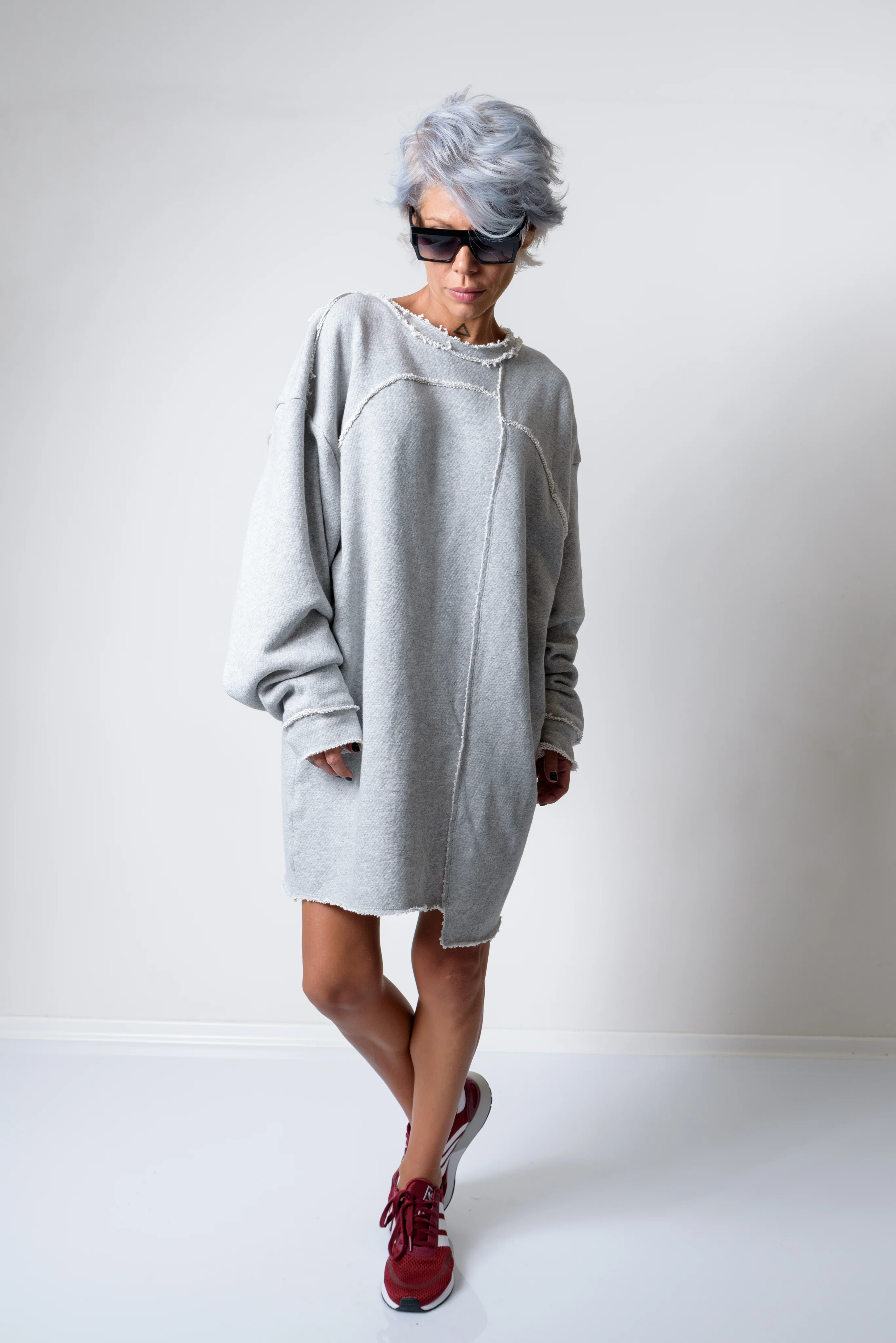 Grey Oversized Asymmetric Long Loose Sweater - Image 3