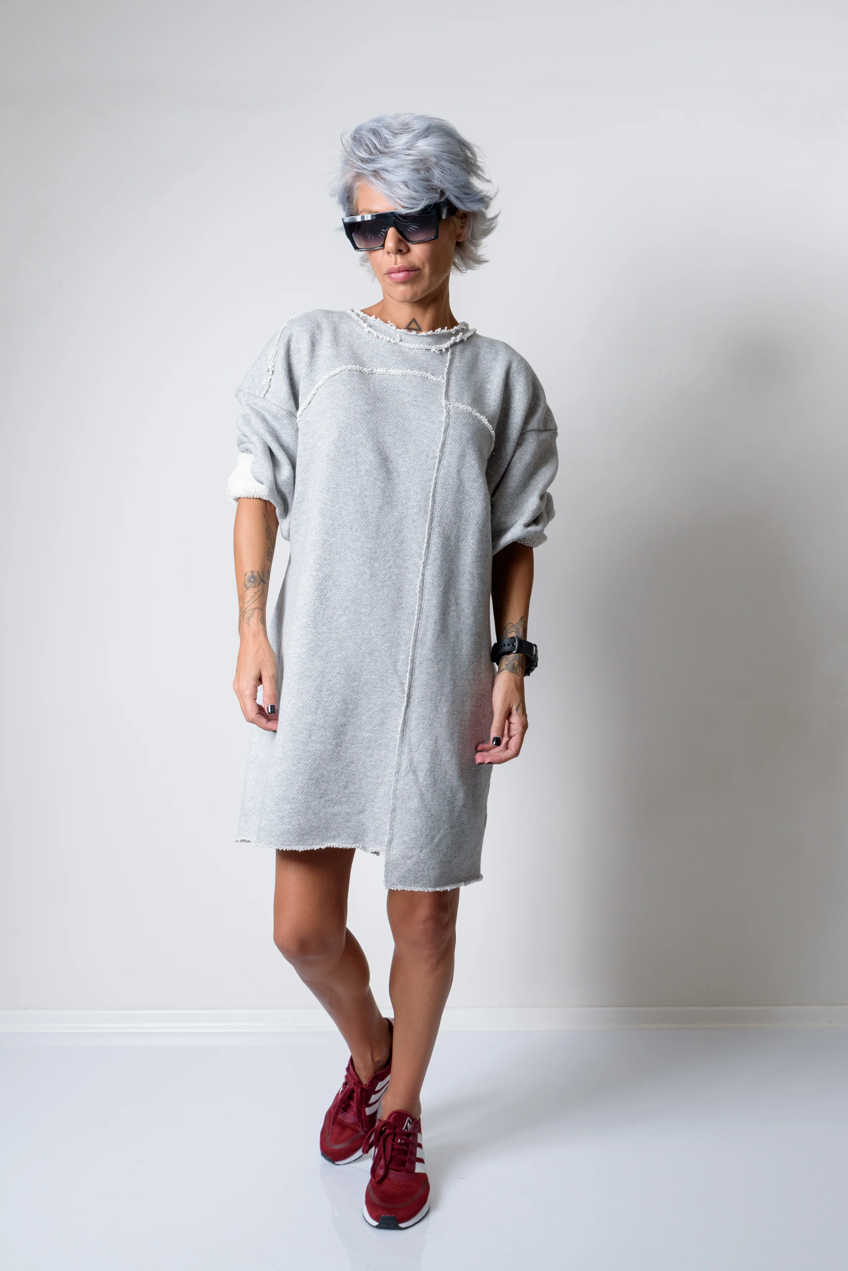 Grey Oversized Asymmetric Long Loose Sweater - Image 8