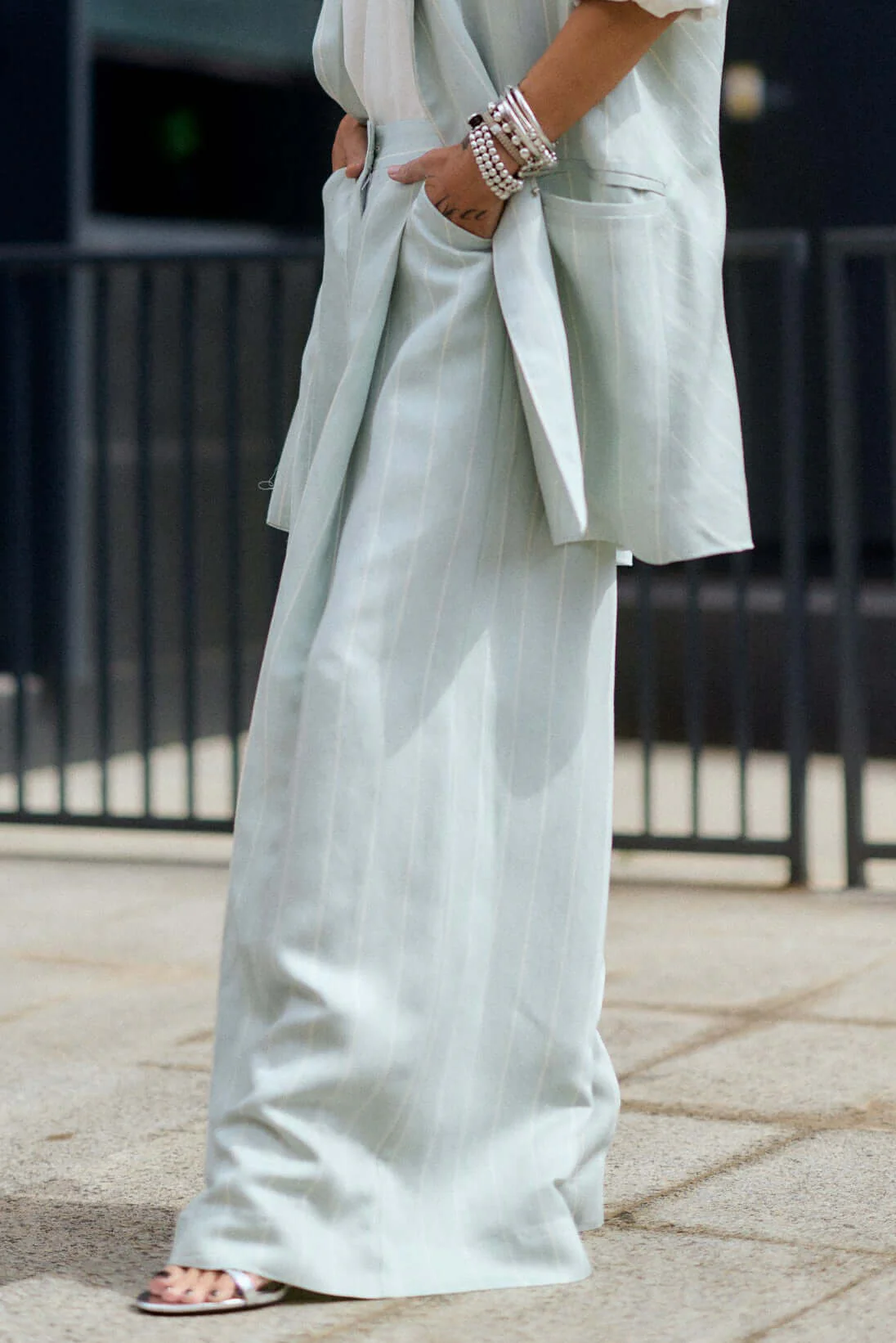 Light Mint Pinstripe Wide-Leg Trousers - Image 3