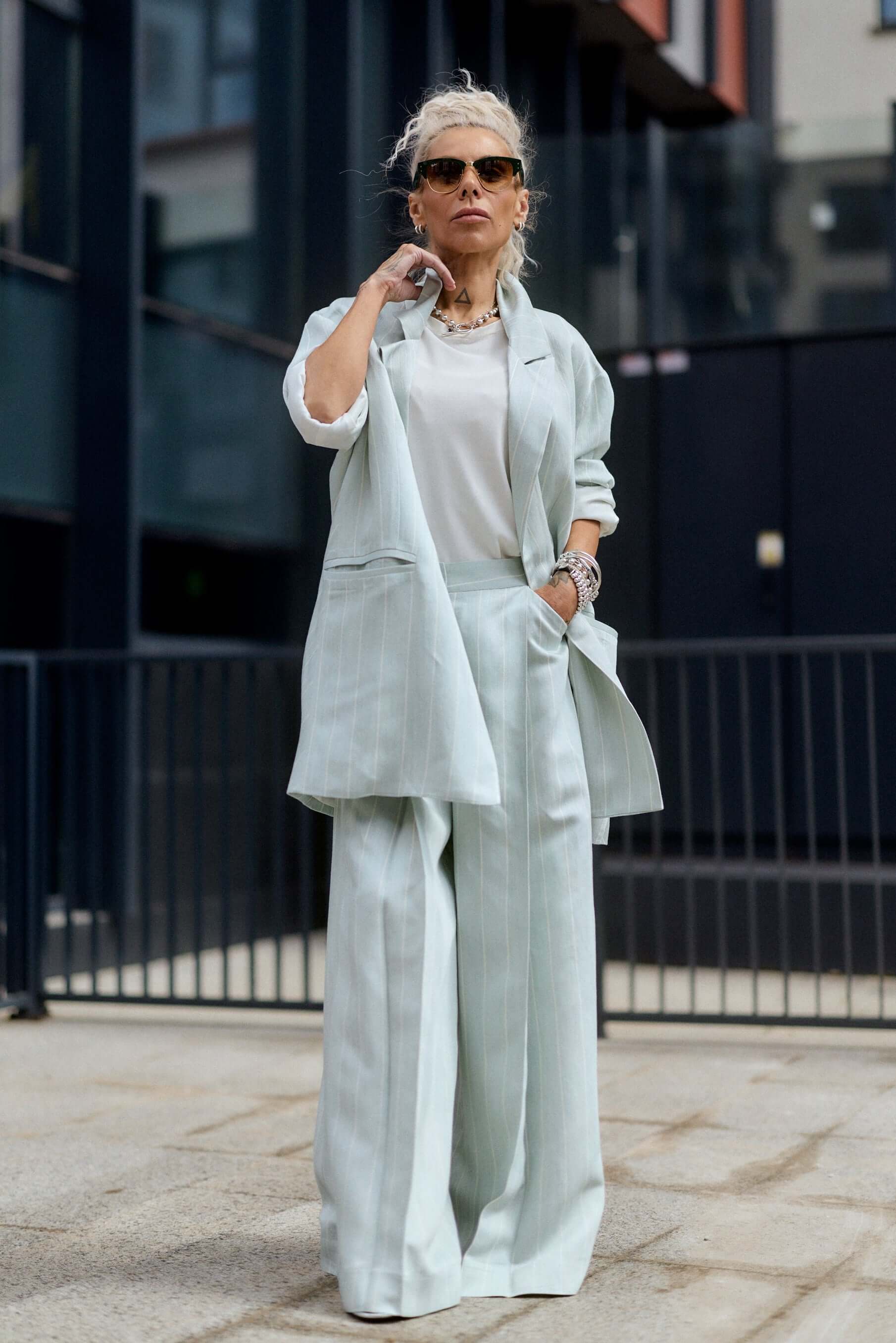 Light Mint Pinstripe Wide-Leg Trousers - Image 8