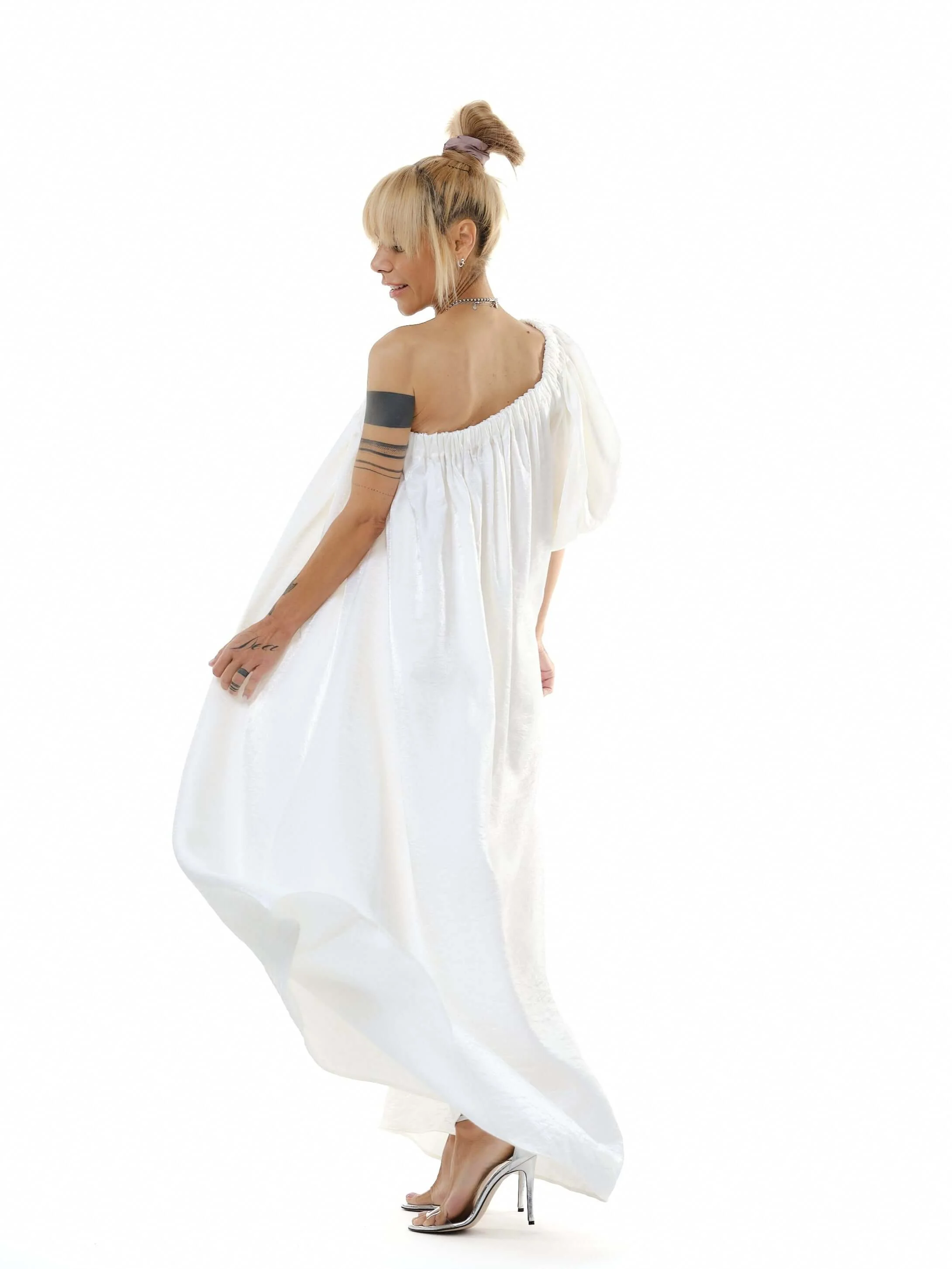 White One-Shoulder Asymmetric  Maxi Dress - Image 3