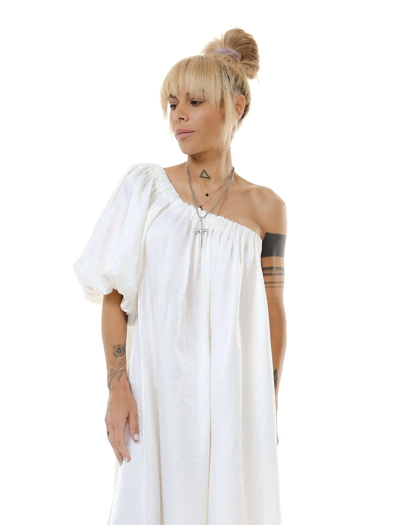 White One-Shoulder Asymmetric  Maxi Dress - Image 5