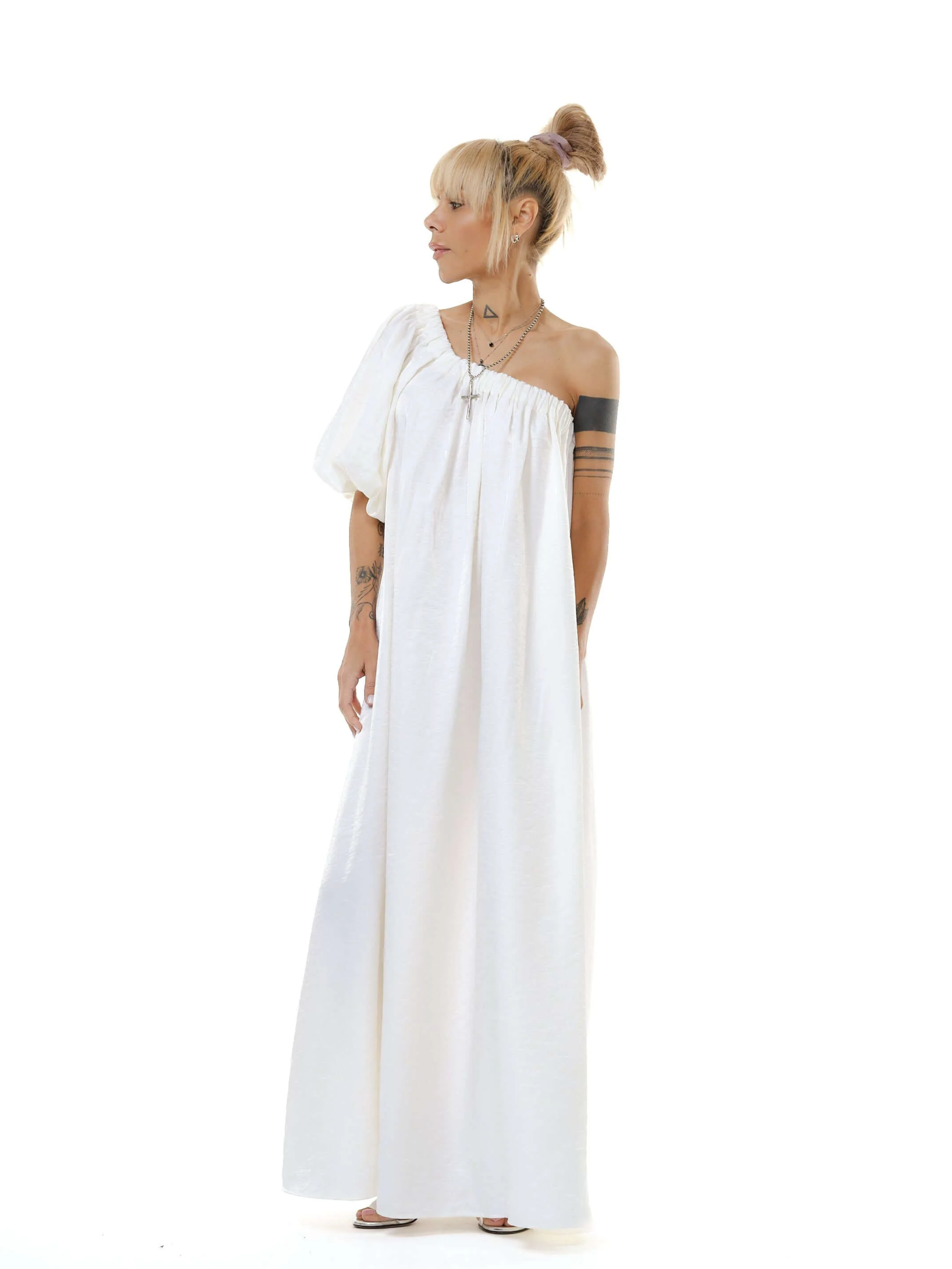 White One-Shoulder Asymmetric  Maxi Dress - Image 6