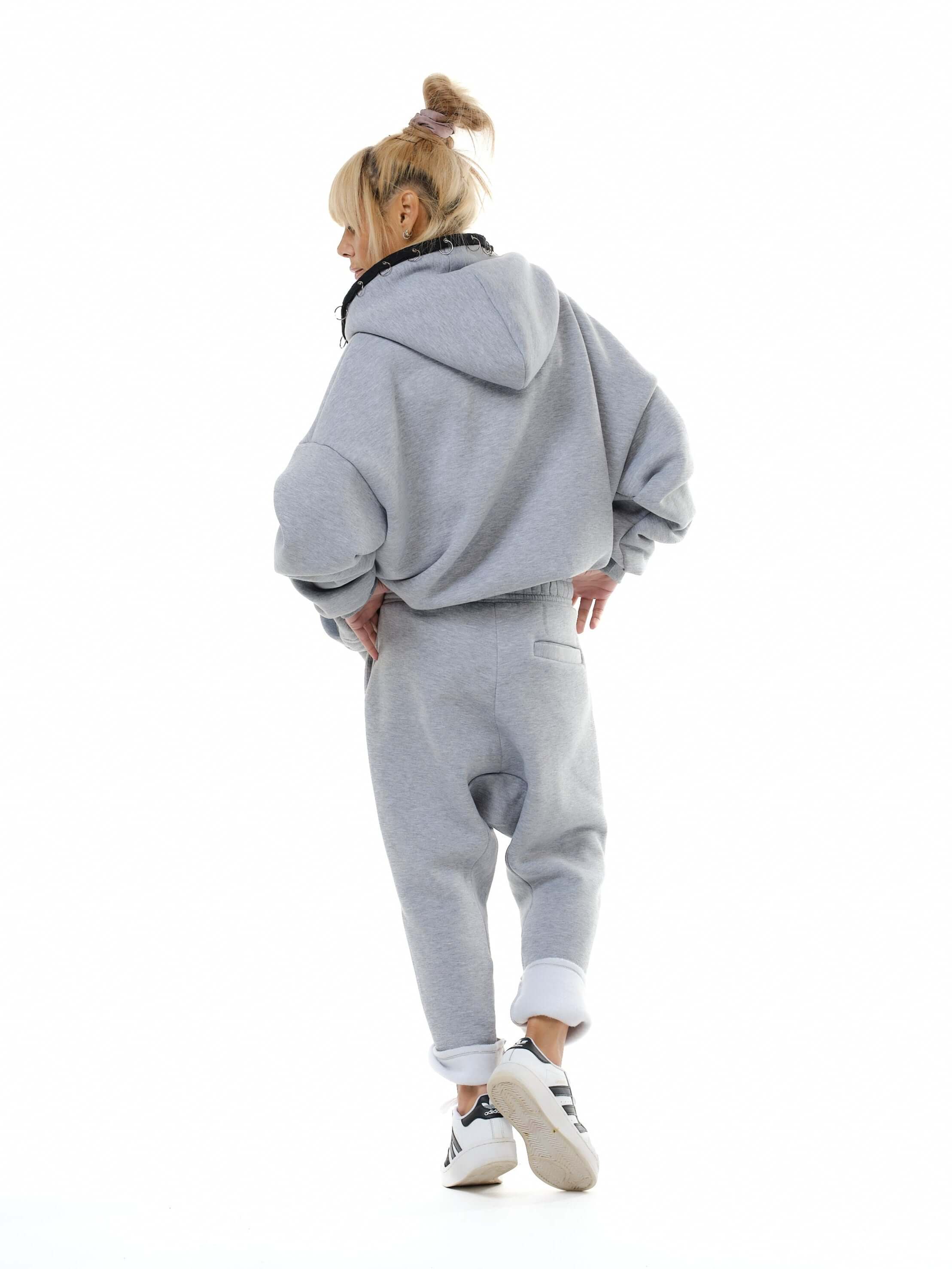 Two Pieces Grey Zip Hoodie Set - Image 3