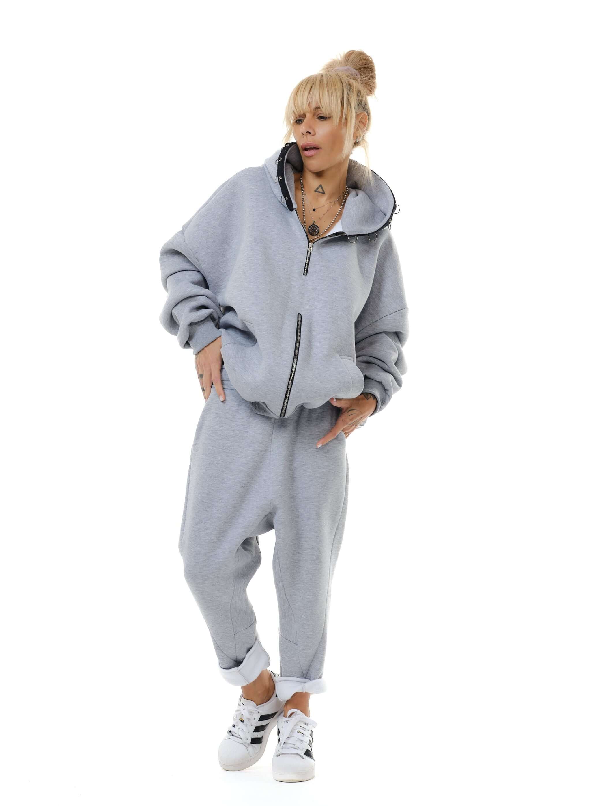 Two Pieces Grey Zip Hoodie Set - Image 5