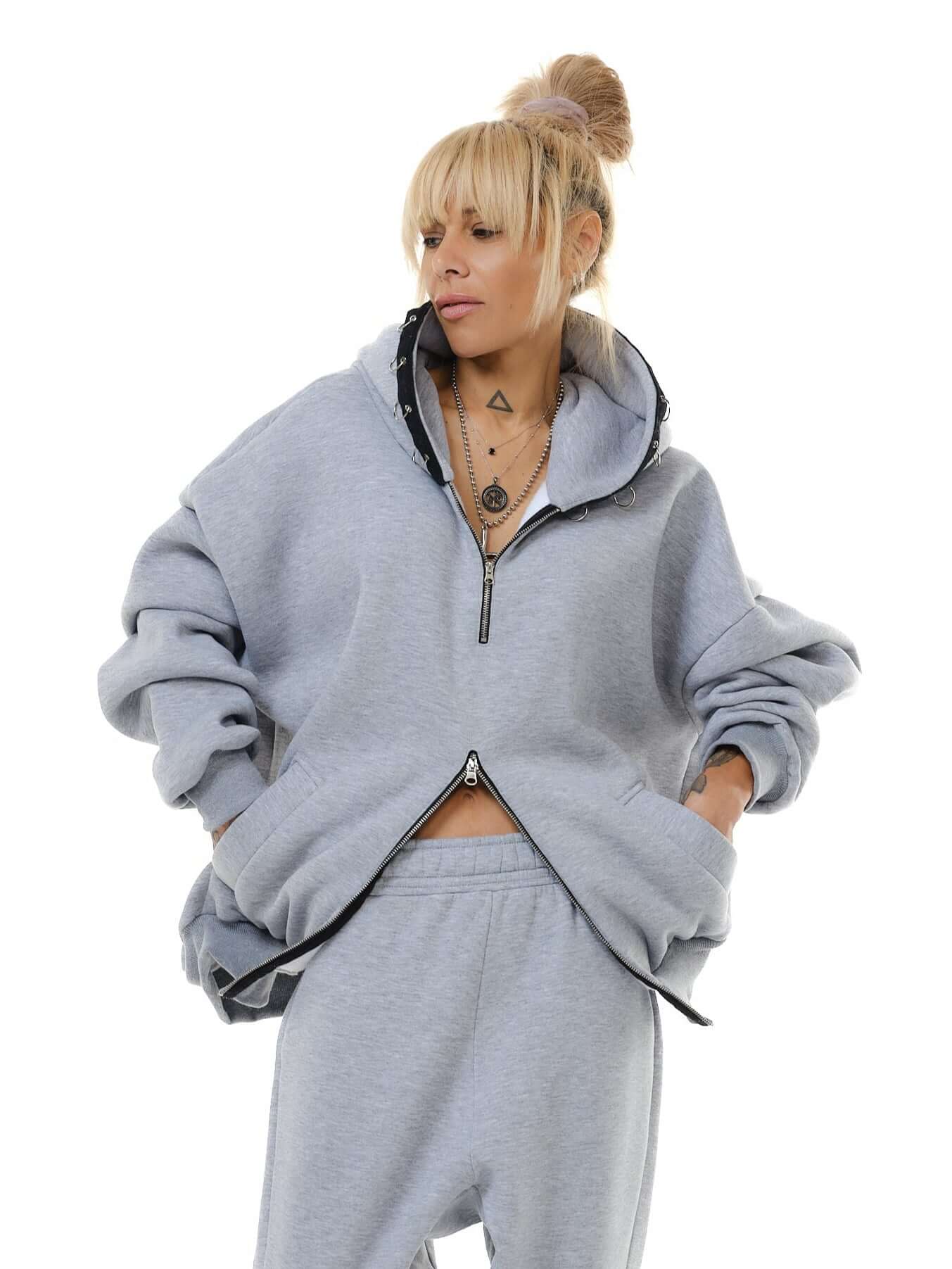 Two Pieces Grey Zip Hoodie Set - Image 6