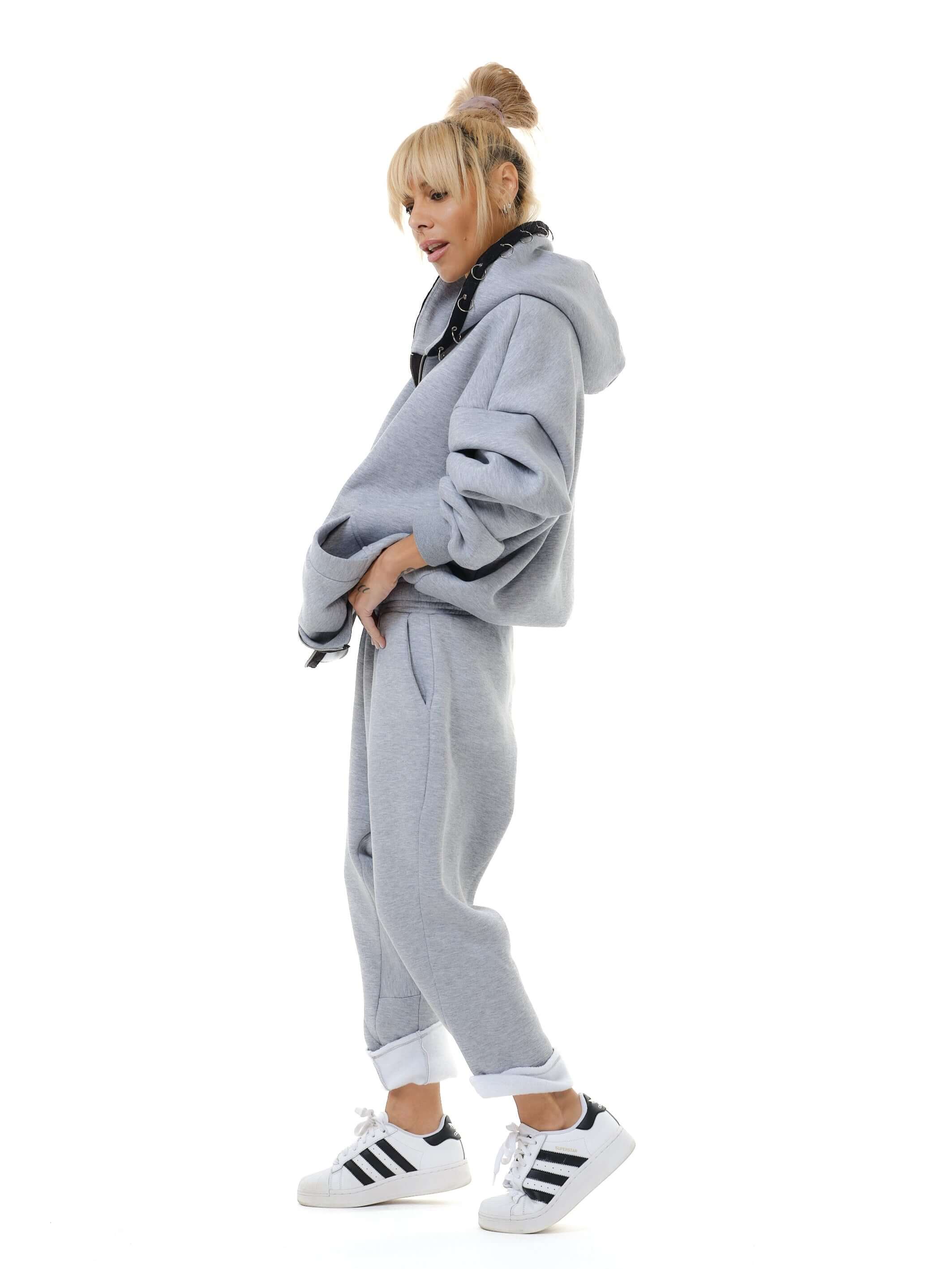 Two Pieces Grey Zip Hoodie Set - Image 7