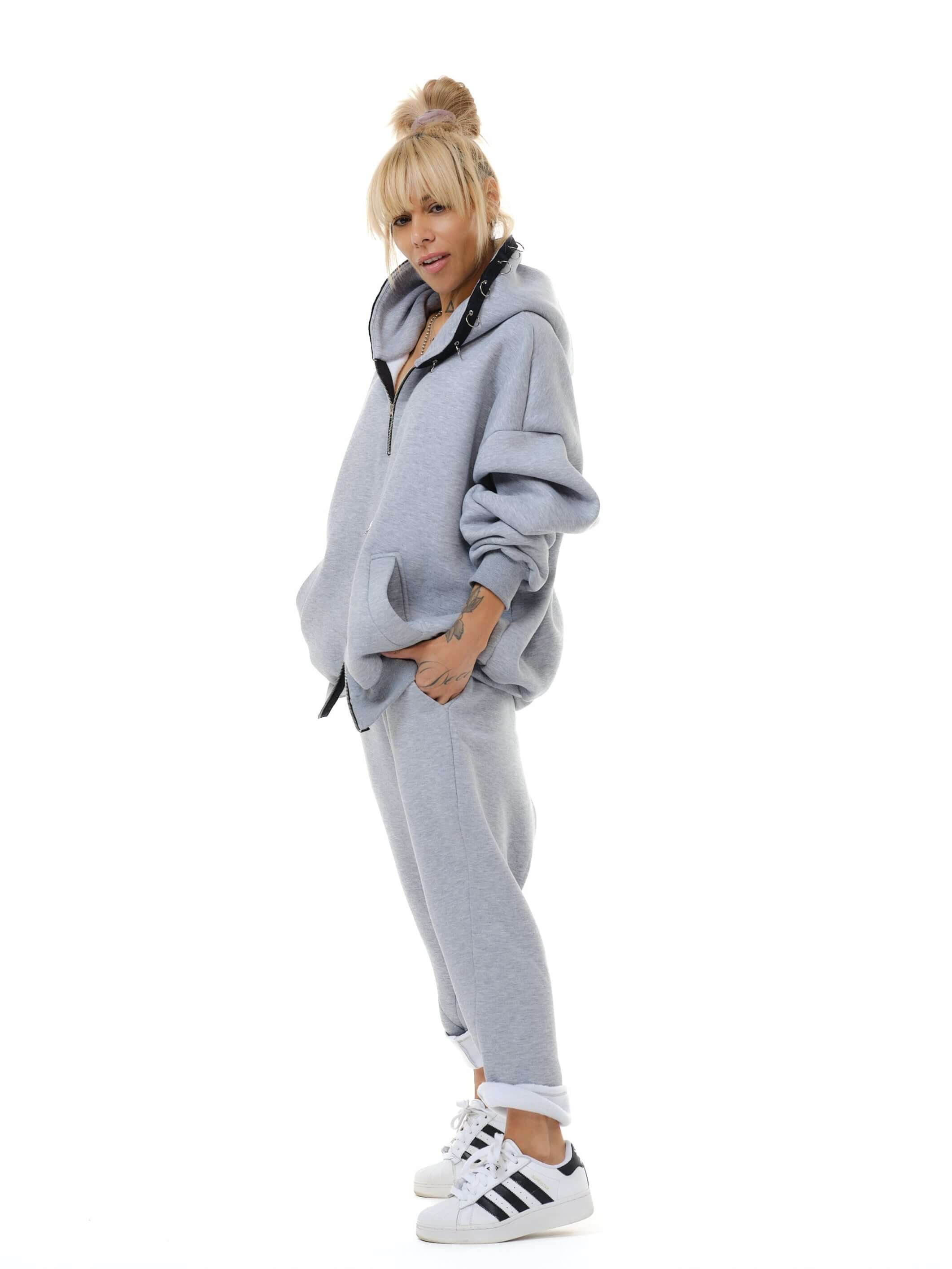 Two Pieces Grey Zip Hoodie Set - Image 8