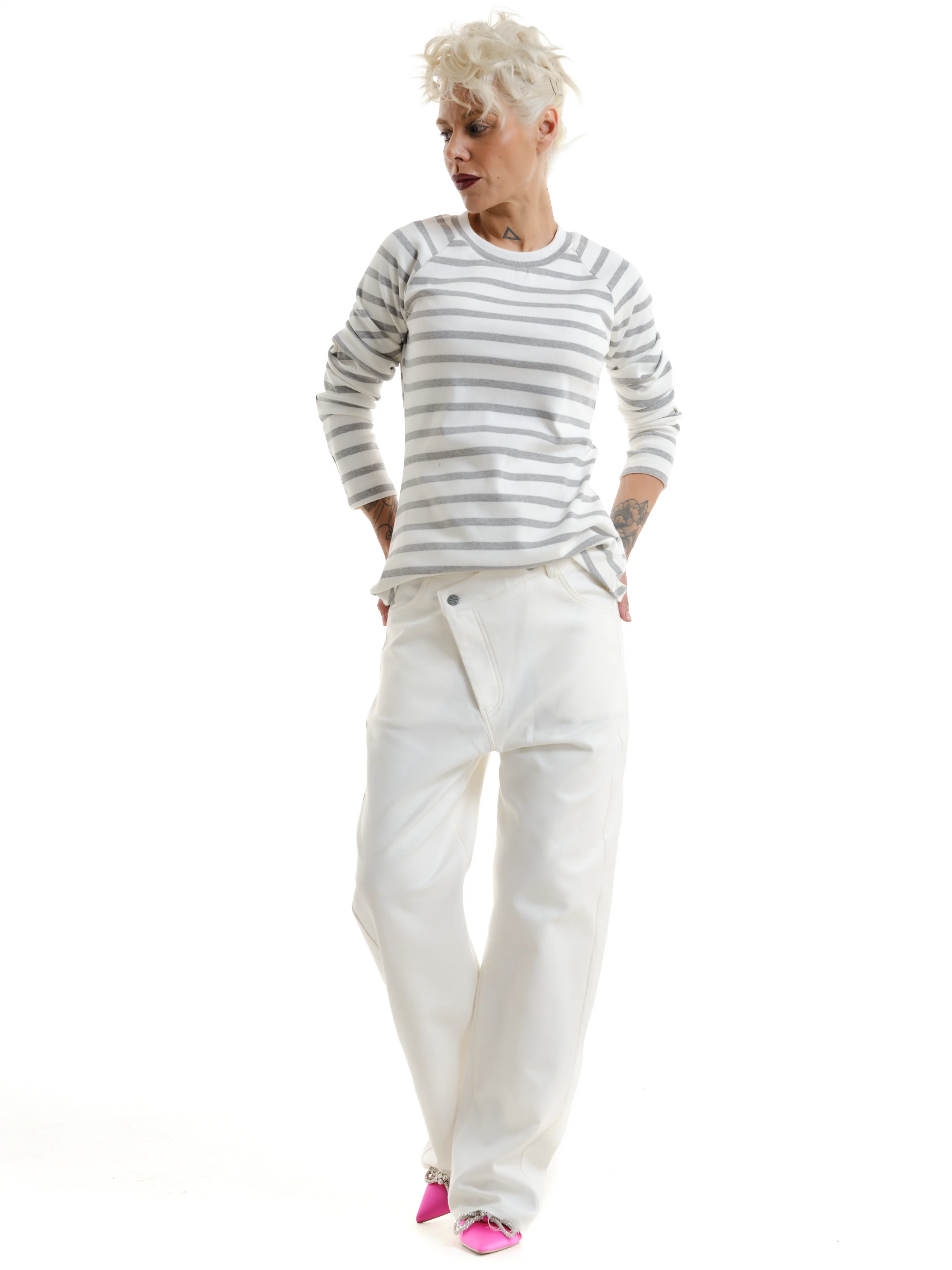 White Asymmetric Closure Wide-Leg Jeans - Image 6